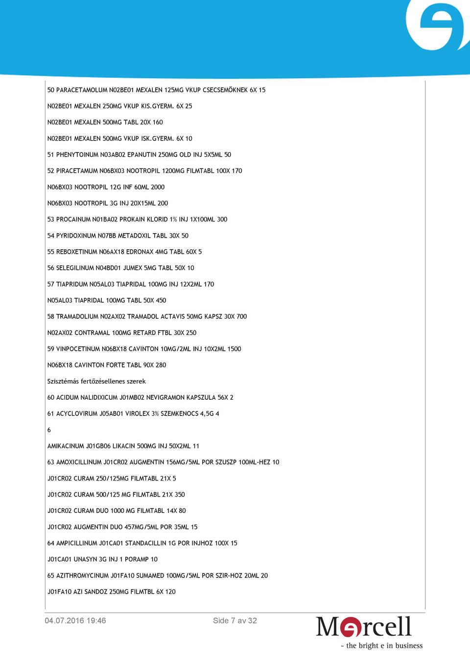 6X 10 51 PHENYTOINUM N03AB02 EPANUTIN 250MG OLD INJ 5X5ML 50 52 PIRACETAMUM N06BX03 NOOTROPIL 1200MG FILMTABL 100X 170 N06BX03 NOOTROPIL 12G INF 60ML 2000 N06BX03 NOOTROPIL 3G INJ 20X15ML 200 53