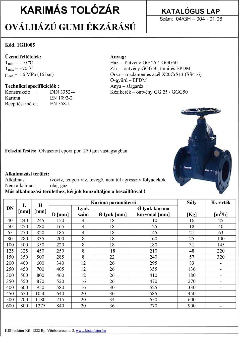 Anya sárgaréz Konstrukció : DIN 3352-4 Kézikerék öntvény GG 25 / GGG50 Karima : EN 1092-2 Beépítési méret: EN 558-1 Felszíni festés: Olvasztott epoxi por 250 μm vastagságban.