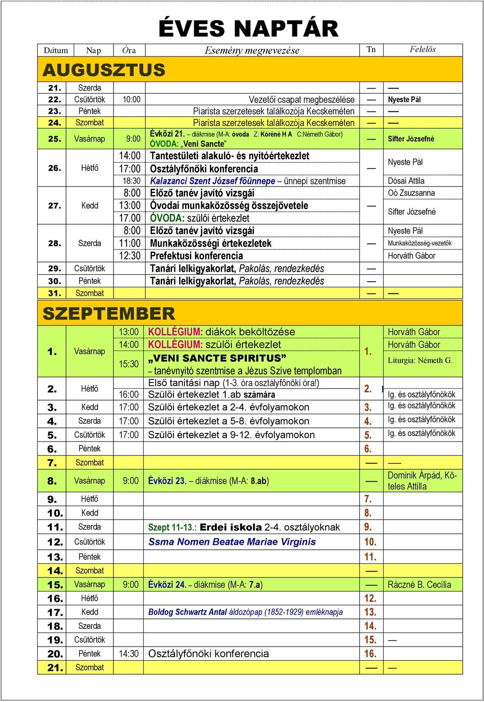 diákmise (M-A: óvoda Z: Kóréné H A C:Németh Gábor) ÓVODA: Veni Sancte Sifter Józsefné 14:00 Tantestületi alakuló- és nyitóértekezlet 26.