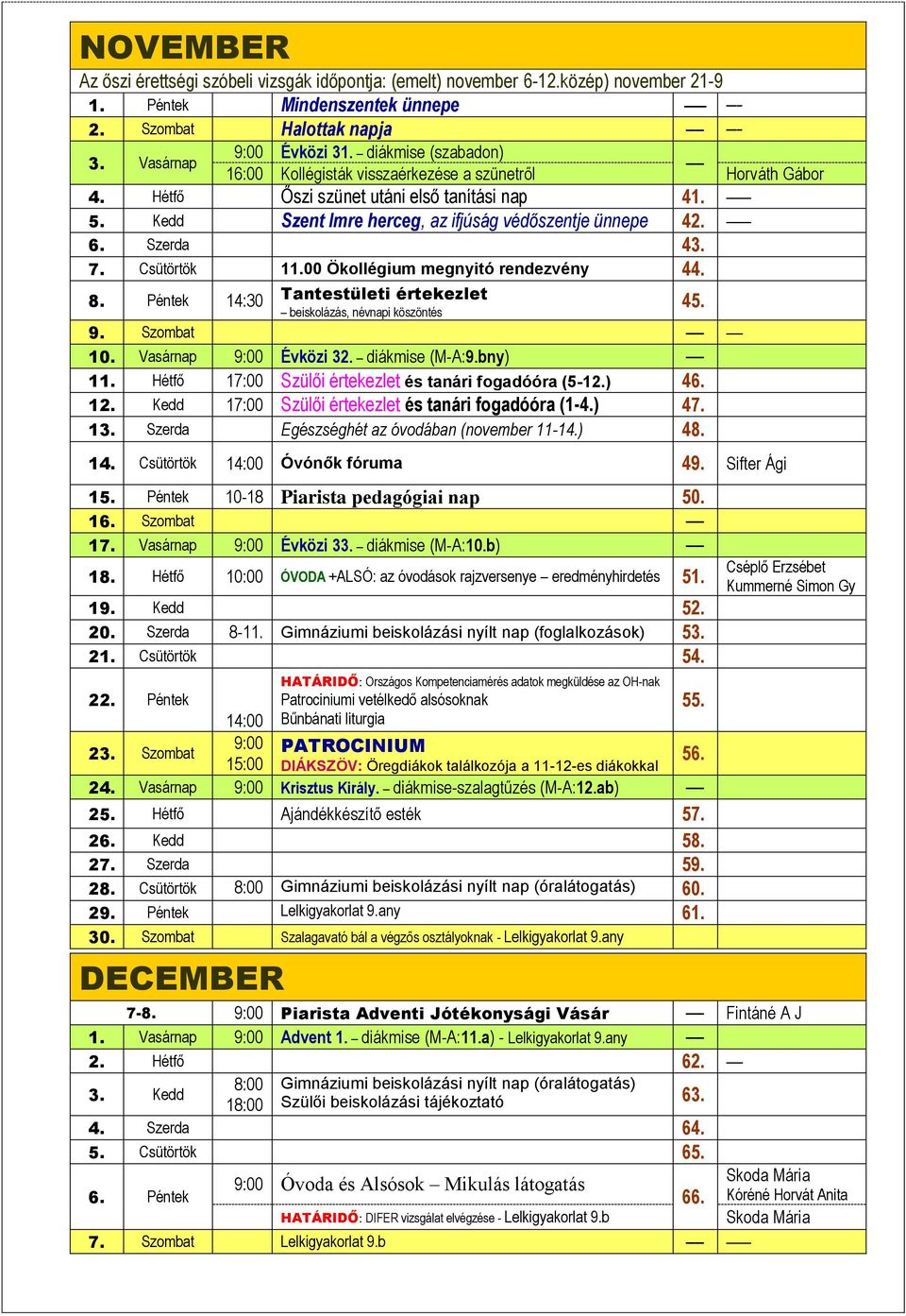 Szerda 43. 7. Csütörtök 11.00 Ökollégium megnyitó rendezvény 44. 8. Péntek 14:30 Tantestületi értekezlet beiskolázás, névnapi köszöntés 45. 9. Szombat 10. Vasárnap 9:00 Évközi 32. diákmise (M-A:9.
