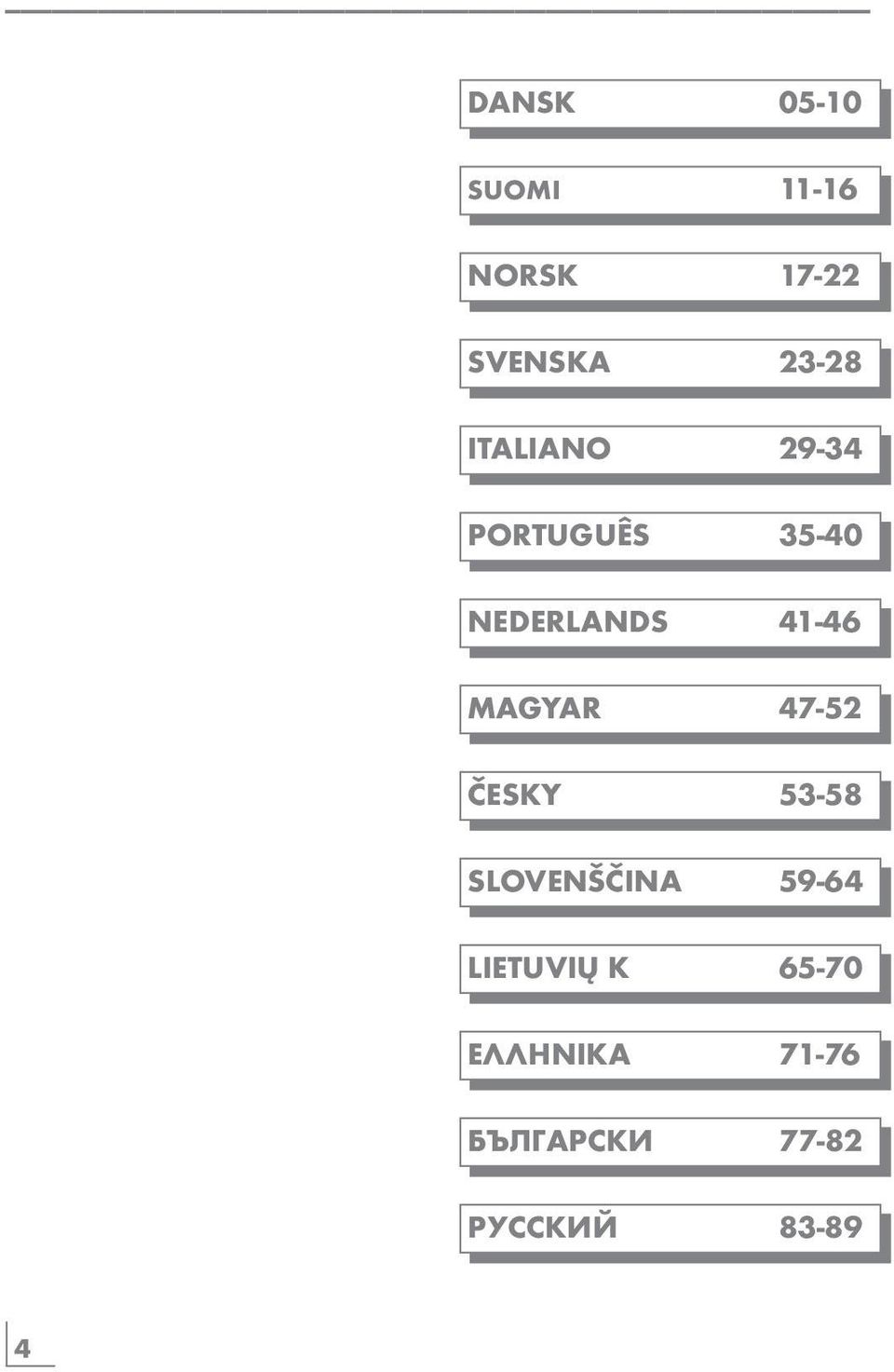 MAGYAR 47-52 ČESKY 53-58 SLOVENŠČINA 59-64