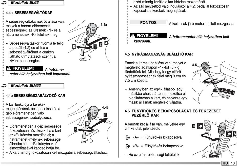 Modellek ELV63 4.4b SEBESSÉGSZABÁLYOZÓ KAR A kar funkciója a kerekek meghajtásának bekapcsolása és a 4.4b gép előremenetben való F sebességének szabályozása.