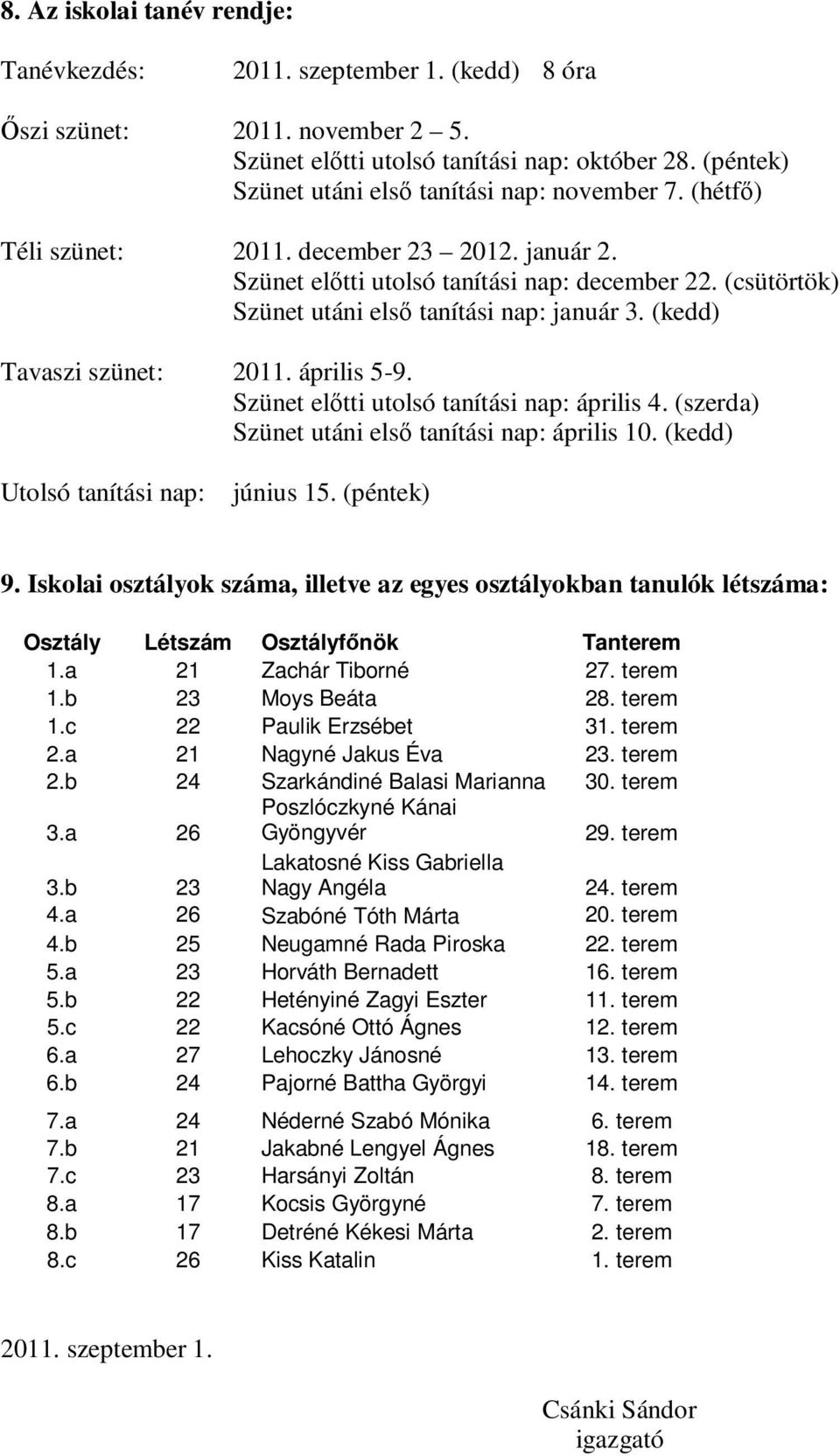 (csütörtök) Szünet utáni elsı tanítási nap: január 3. (kedd) Tavaszi szünet: 2011. április 5-9. Szünet elıtti utolsó tanítási nap: április 4. (szerda) Szünet utáni elsı tanítási nap: április 10.