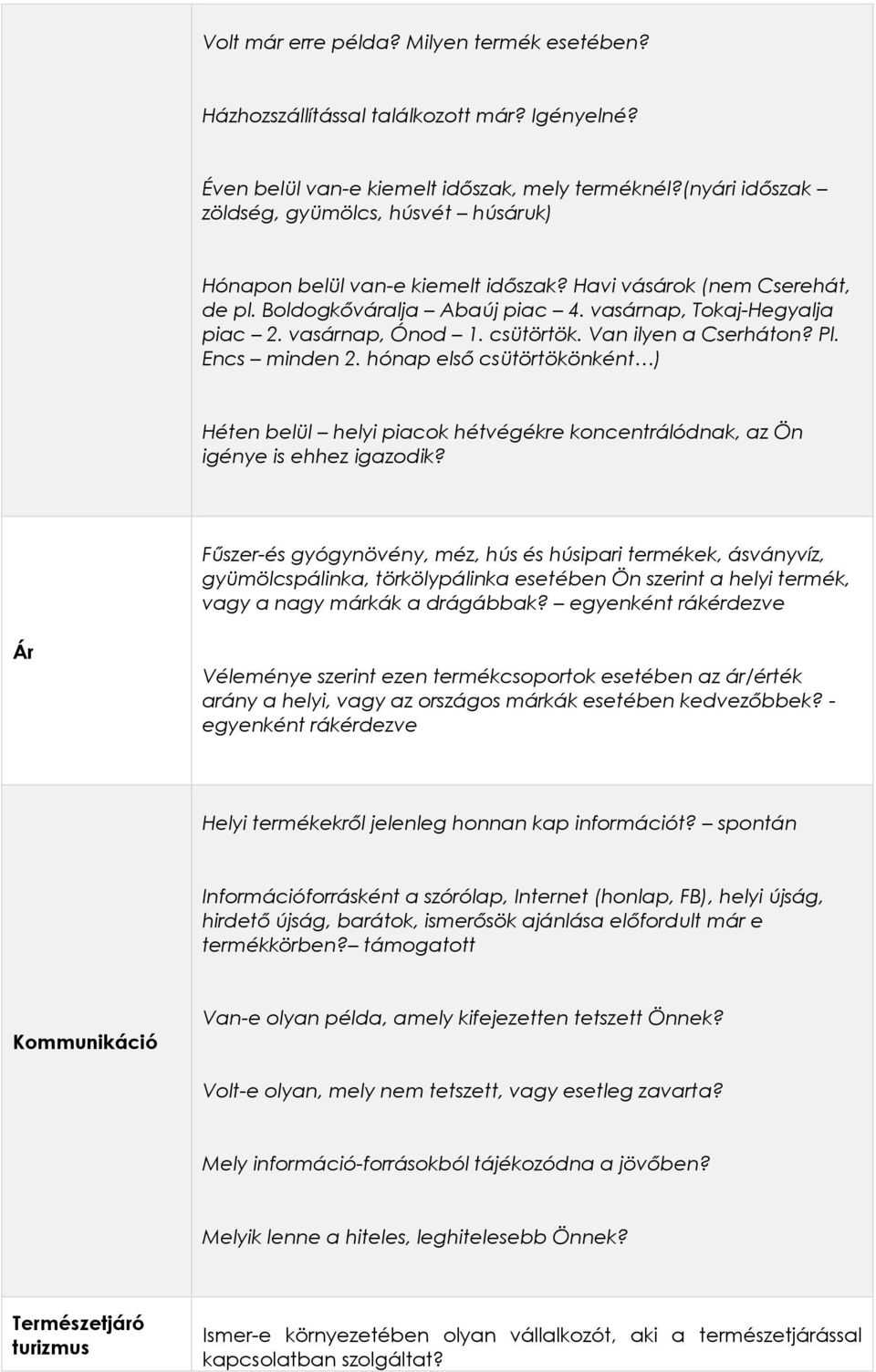 vasárnap, Ónod 1. csütörtök. Van ilyen a Cserháton? Pl. Encs minden 2. hónap első csütörtökönként ) Héten belül helyi piacok hétvégékre koncentrálódnak, az Ön igénye is ehhez igazodik?