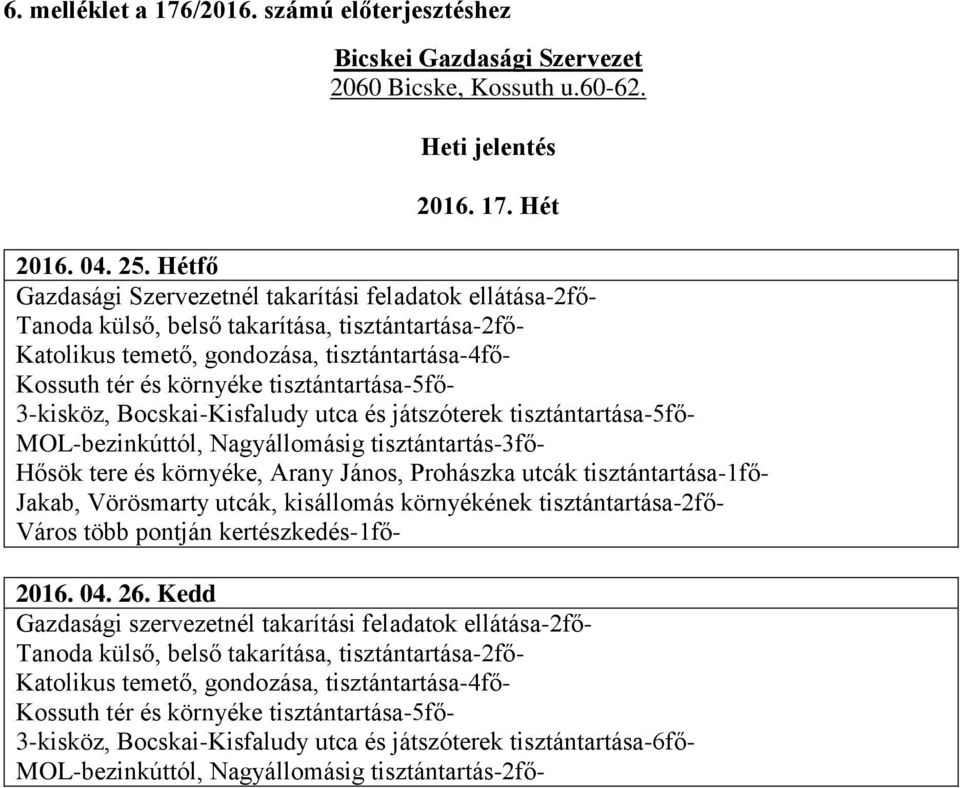 Hétfő 3-kisköz, Bocskai-Kisfaludy utca és játszóterek tisztántartása-5fő- MOL-bezinkúttól,