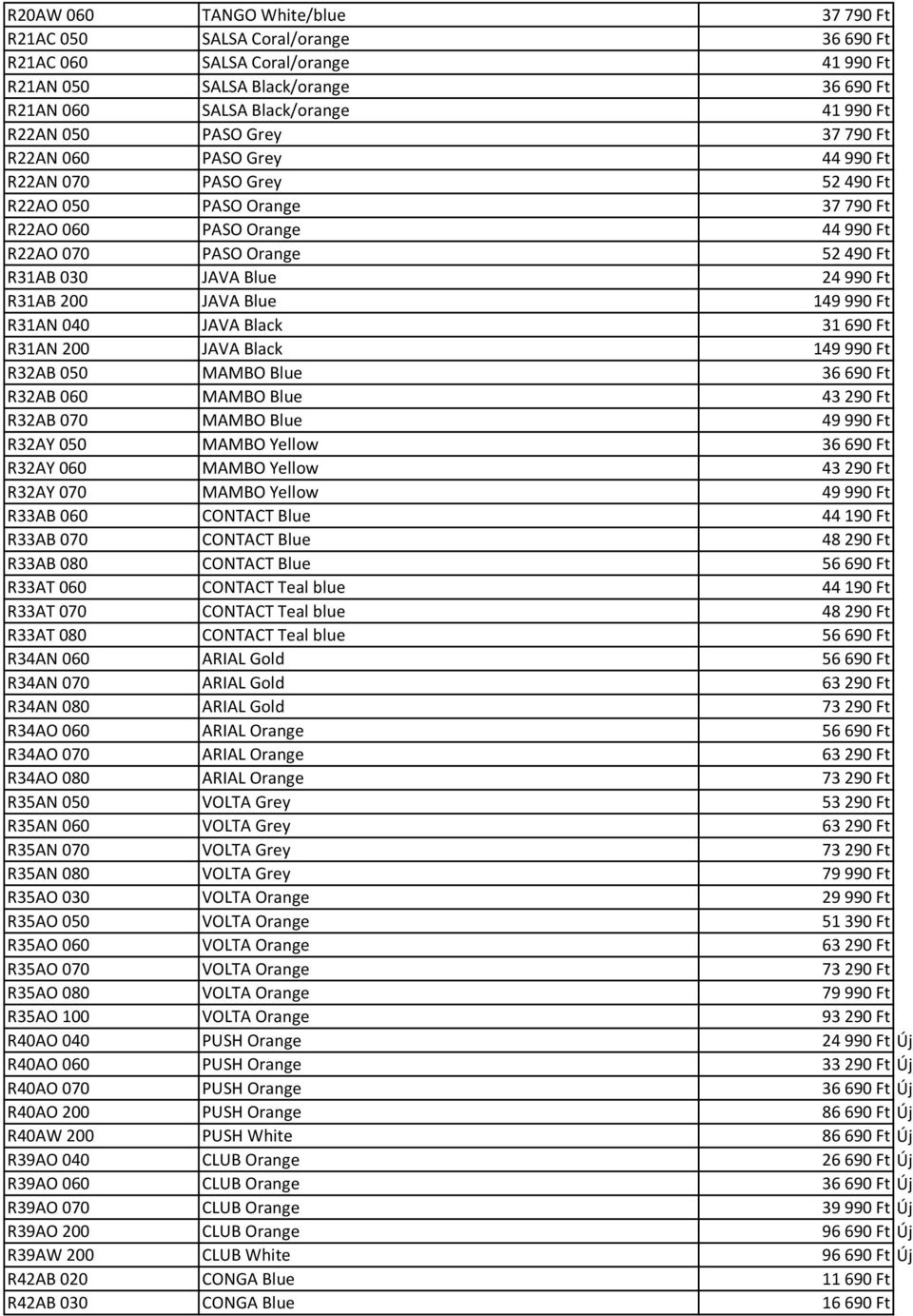 24 990 Ft R31AB 200 JAVA Blue 149 990 Ft R31AN 040 JAVA Black 31 690 Ft R31AN 200 JAVA Black 149 990 Ft R32AB 050 MAMBO Blue 36 690 Ft R32AB 060 MAMBO Blue 43 290 Ft R32AB 070 MAMBO Blue 49 990 Ft