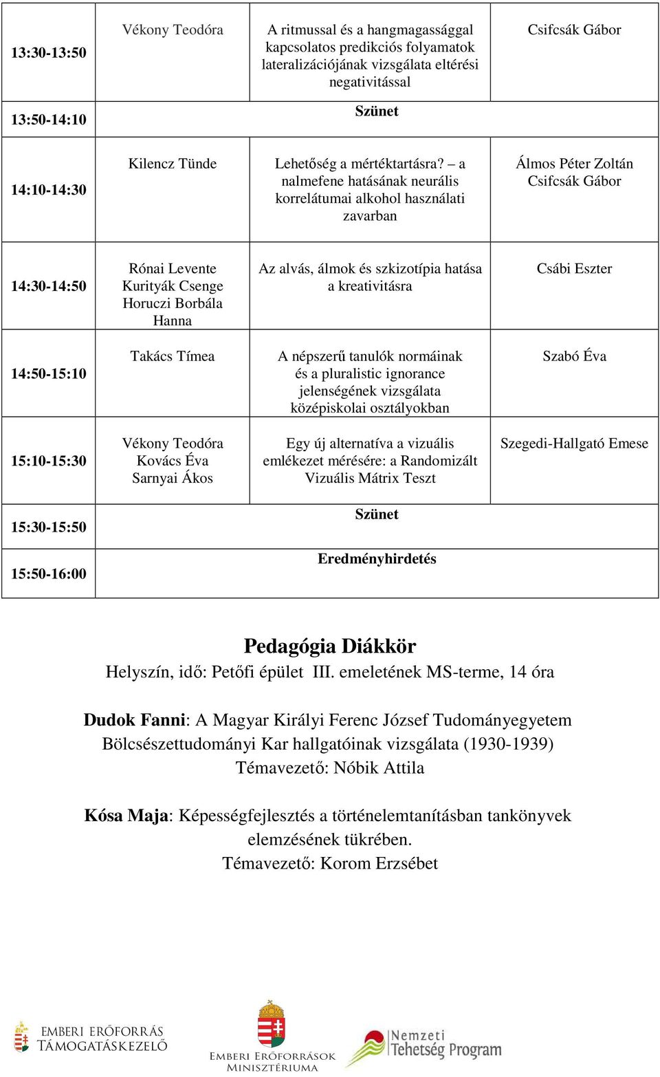 a nalmefene hatásának neurális korrelátumai alkohol használati zavarban Álmos Péter Zoltán Csifcsák Gábor 14:30-14:50 Rónai Levente Kurityák Csenge Horuczi Borbála Hanna Az alvás, álmok és