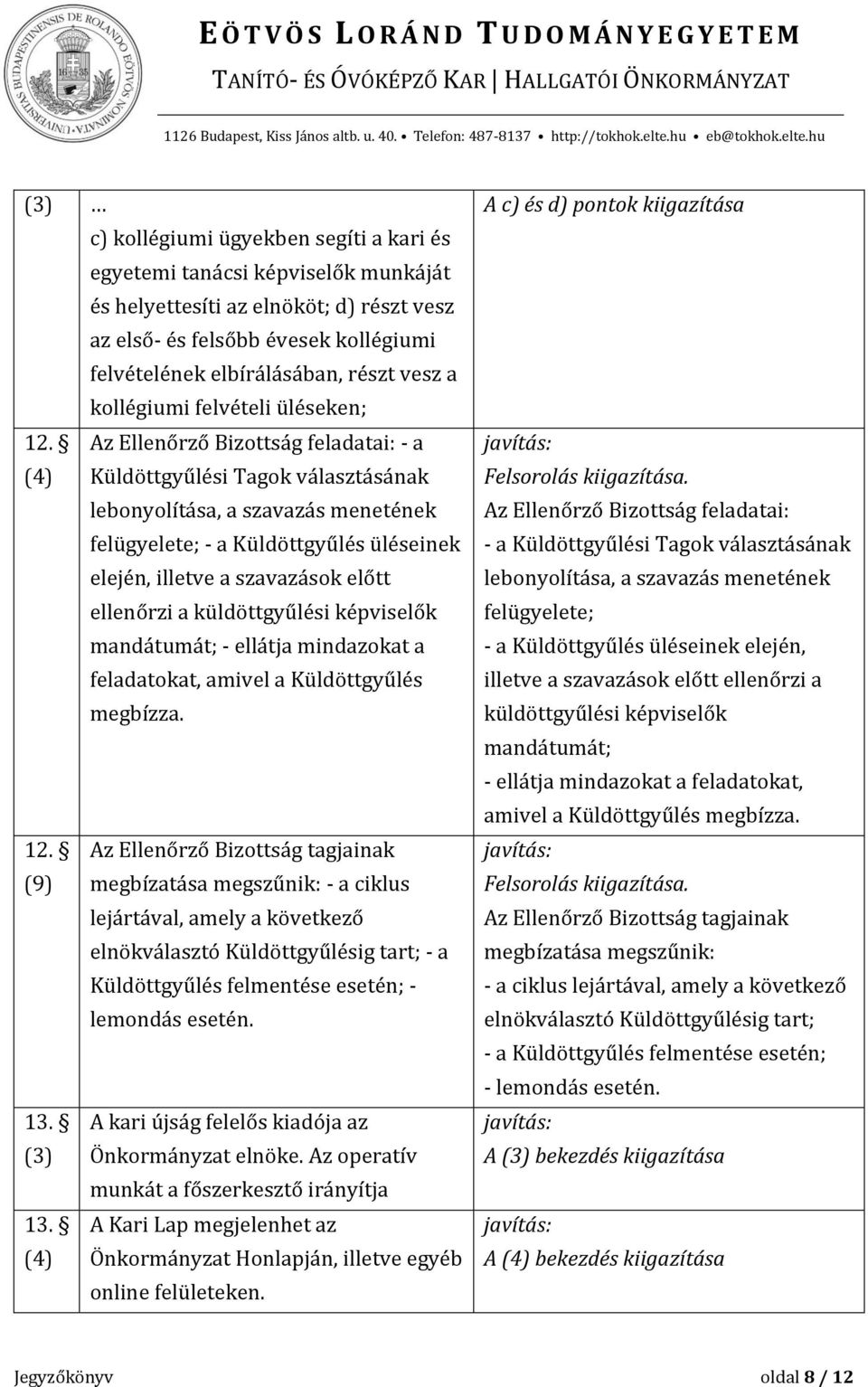 Az Ellenőrző Bizottság feladatai: - a (4) Küldöttgyűlési Tagok választásának lebonyolítása, a szavazás menetének felügyelete; - a Küldöttgyűlés üléseinek elején, illetve a szavazások előtt ellenőrzi