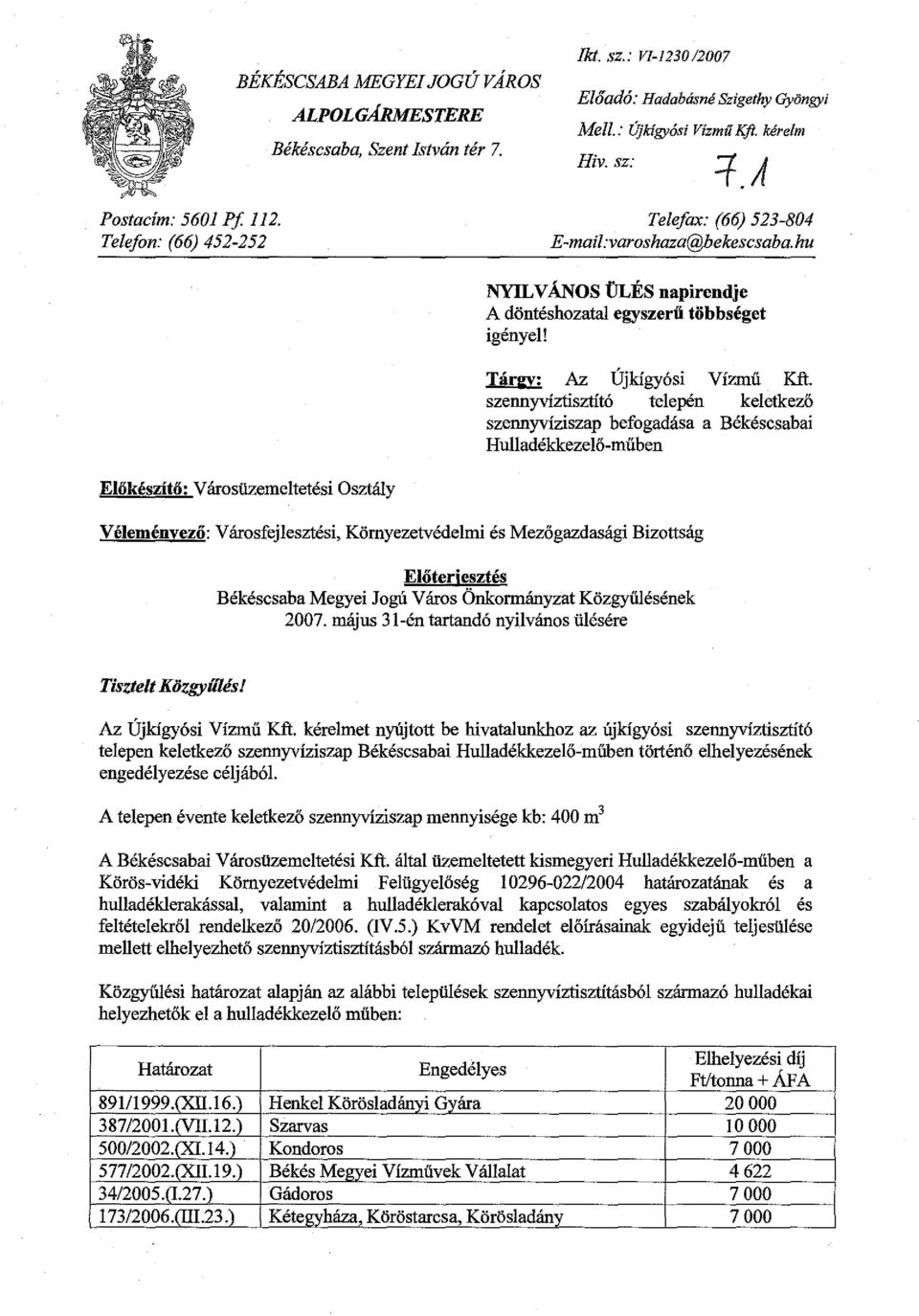 szennyvíztisztitó telepén keletkező szennyvíziszap befogadása a Békéscsabai Hulladékkezelő-műben Előkészítő: Városüzemeltetési Osztály Véleményező: Városfejlesztési, Környezetvédelmi és Mezőgazdasági