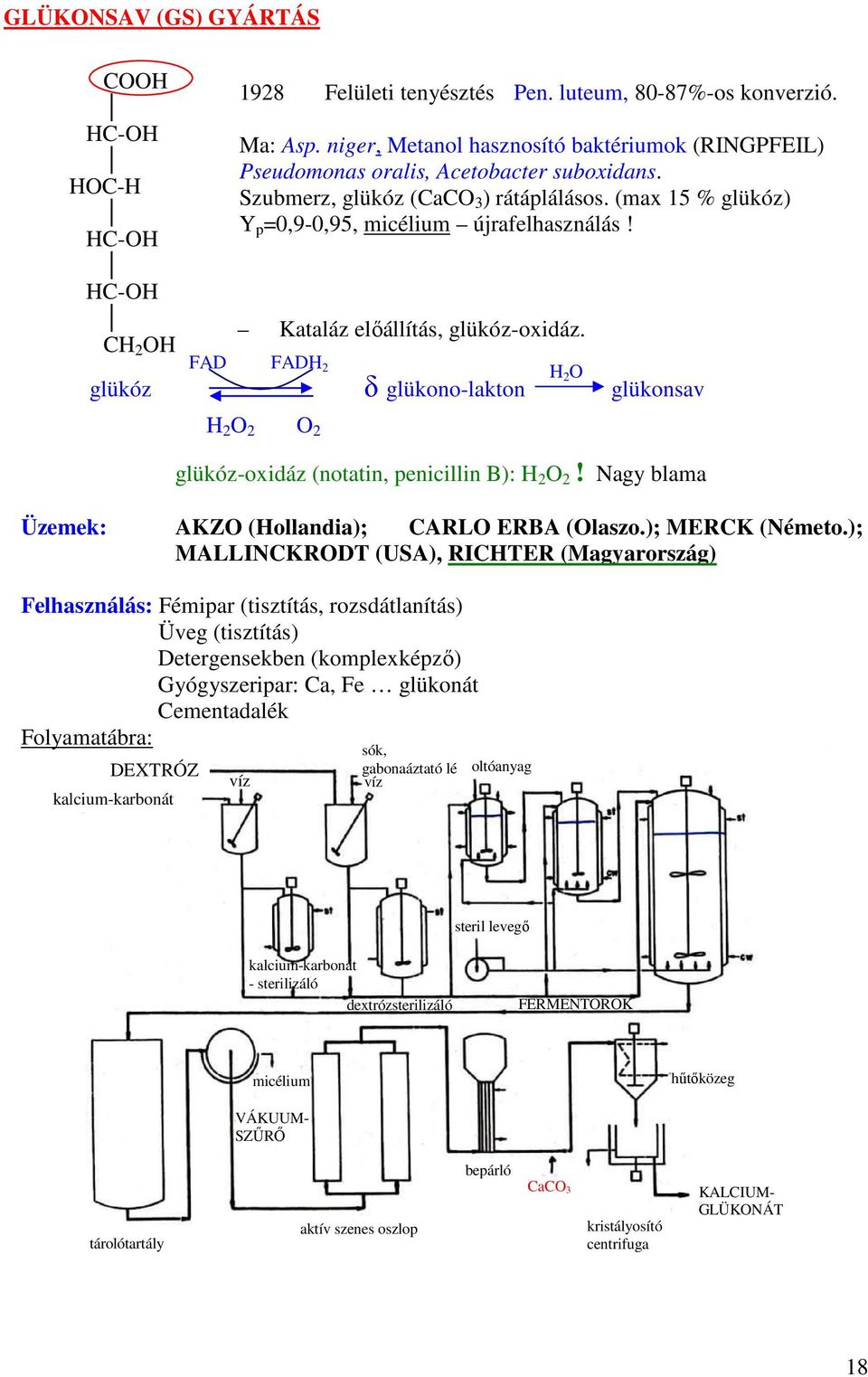 Kataláz előállítás, glükóz-oxidáz. H 2 O glükóz δ glükono-lakton glükonsav glükóz-oxidáz (notatin, penicillin B): H 2 O 2! Nagy blama Üzemek: AKZO (Hollandia); CARLO ERBA (Olaszo.); MERCK (Németo.