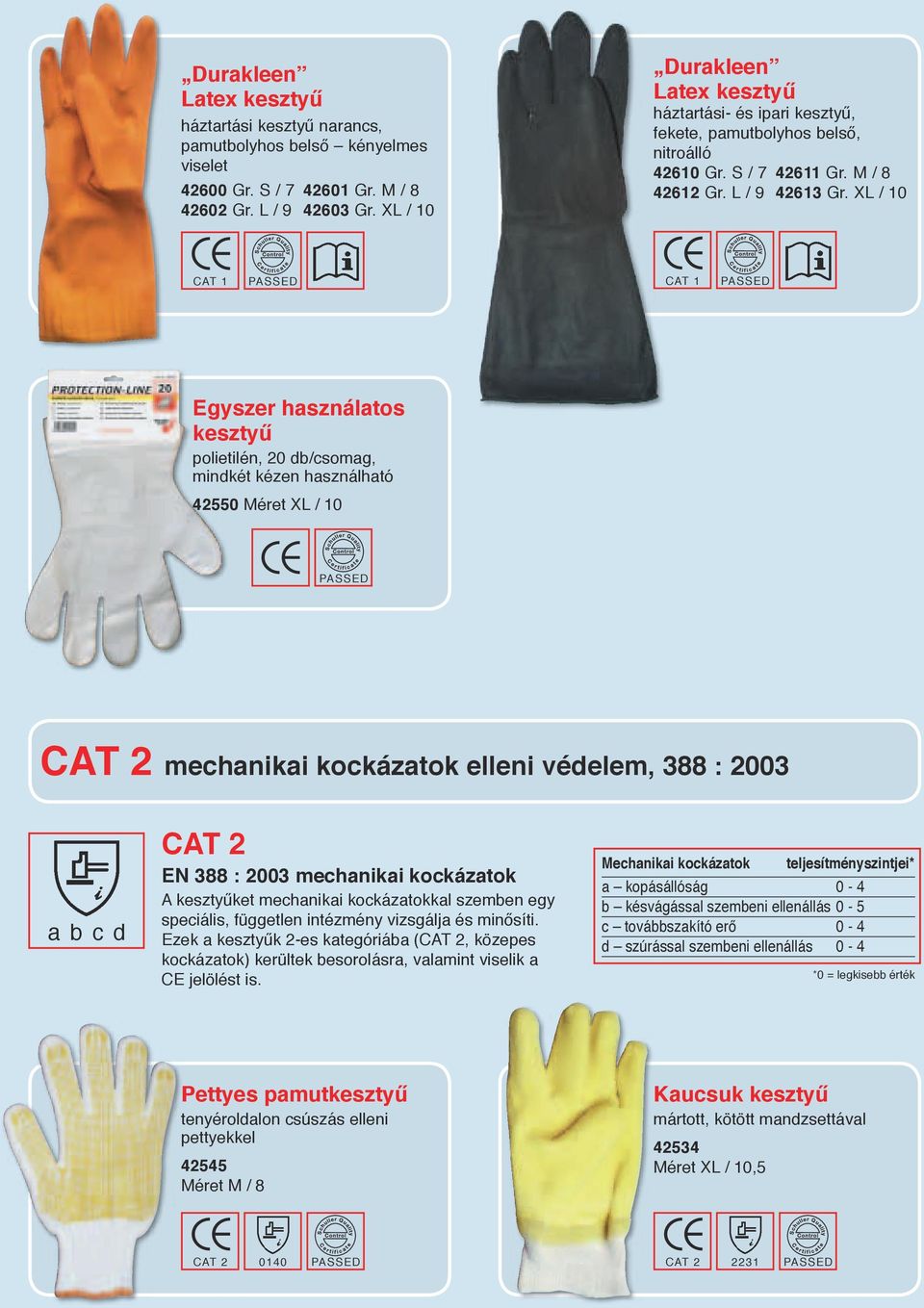 XL / 10 Egyszer használatos kesztyű polietilén, 20 db/csomag, mindkét kézen használható 42550 Méret XL / 10 CAT 2 mechanikai kockázatok elleni védelem, 388 : 2003 a b c d CAT 2 EN 388 : 2003