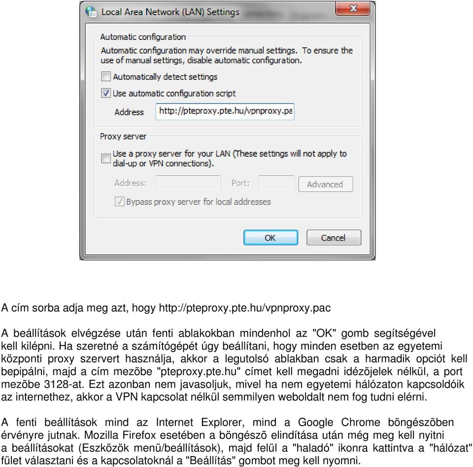 "pteproxy.pte.hu" címet kell megadni idézõjelek nélkül, a port mezõbe 3128-at.