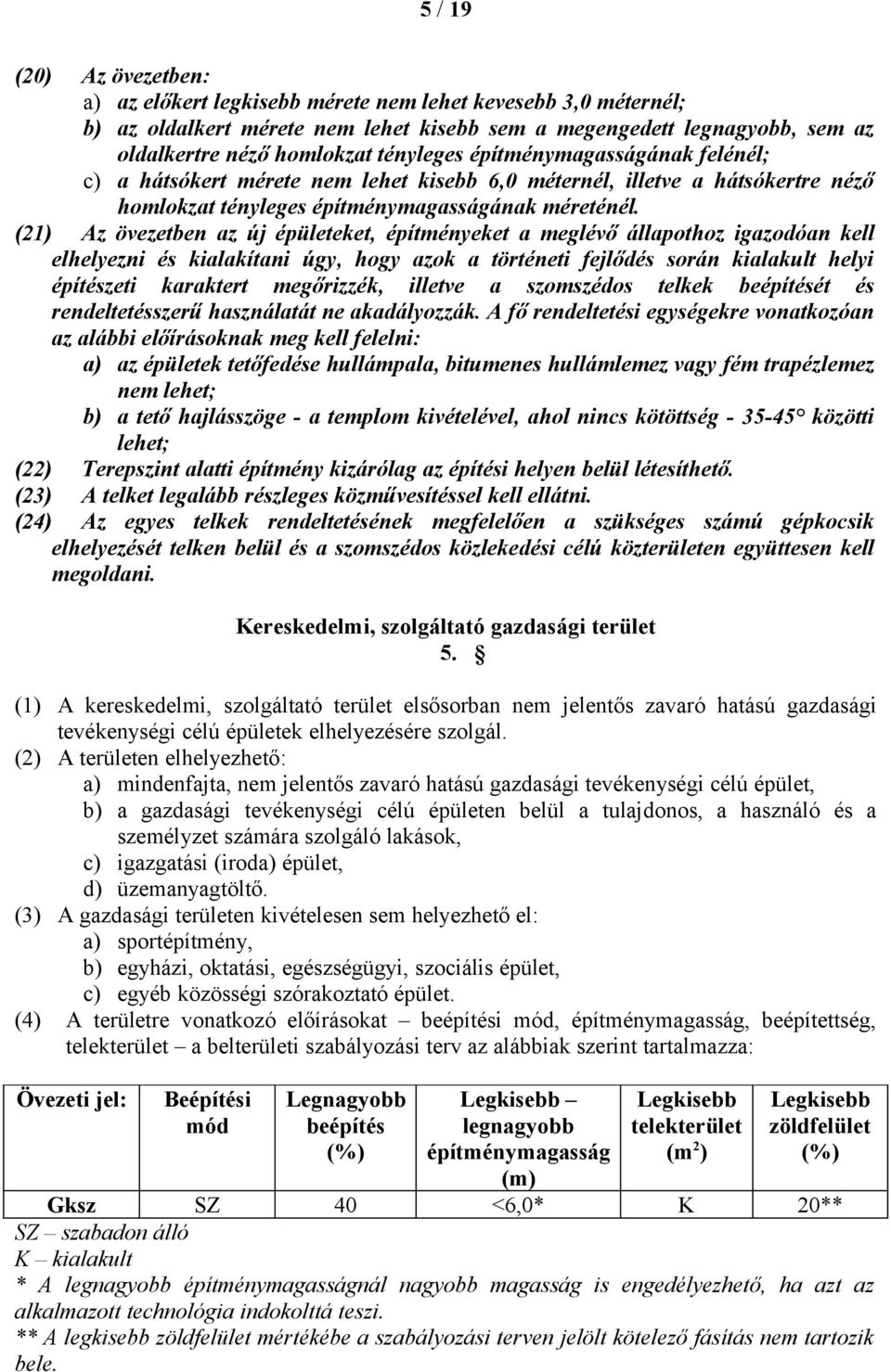 (21) Az övezetben az új épületeket, építményeket a meglévő állapothoz igazodóan kell elhelyezni és kialakítani úgy, hogy azok a történeti fejlődés során kialakult helyi építészeti karaktert