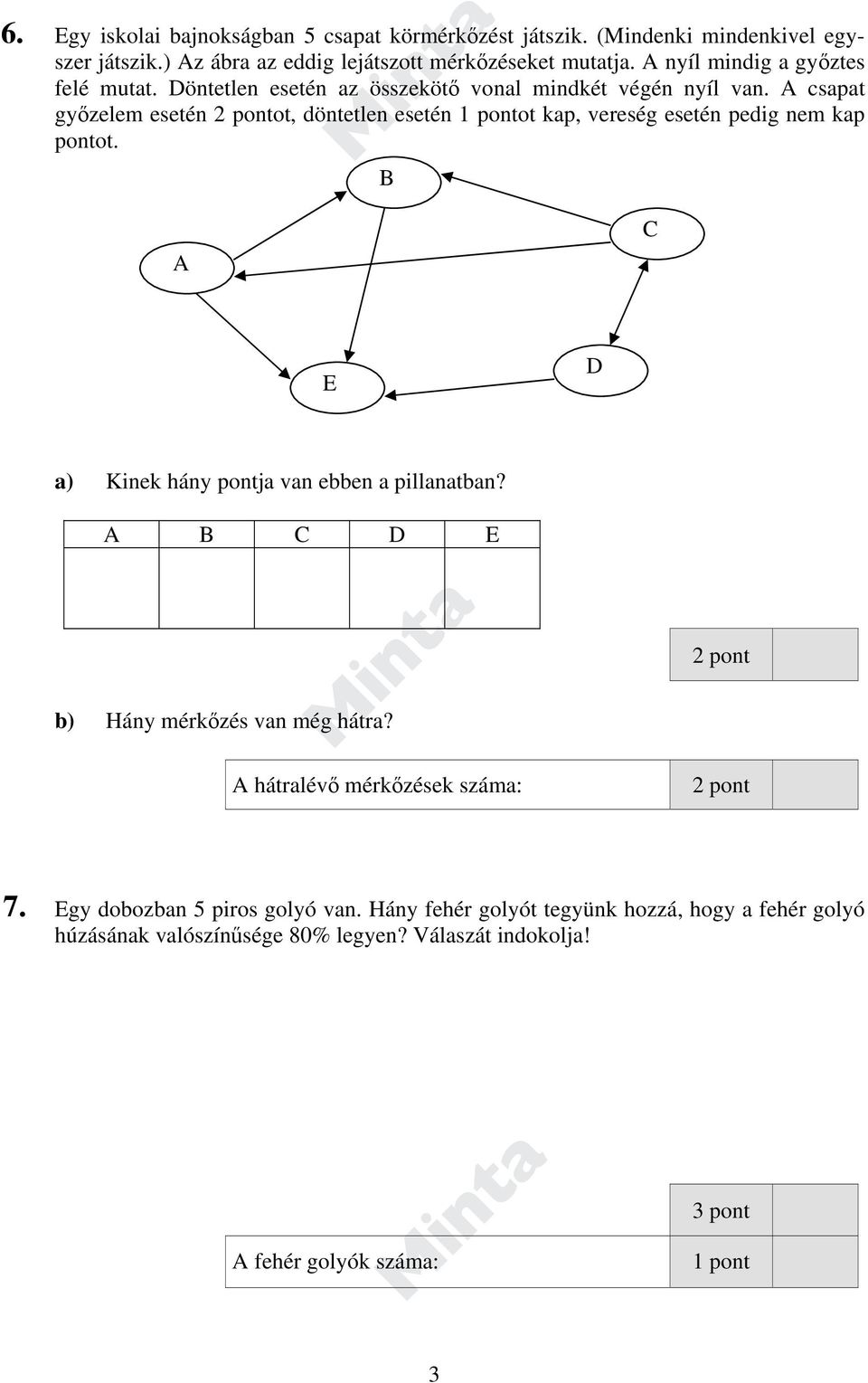 A csapat győzelem esetén ot, döntetlen esetén 1 pontot kap, vereség esetén pedig nem kap pontot. B A C E D a) Kinek hány pontja van ebben a pillanatban?