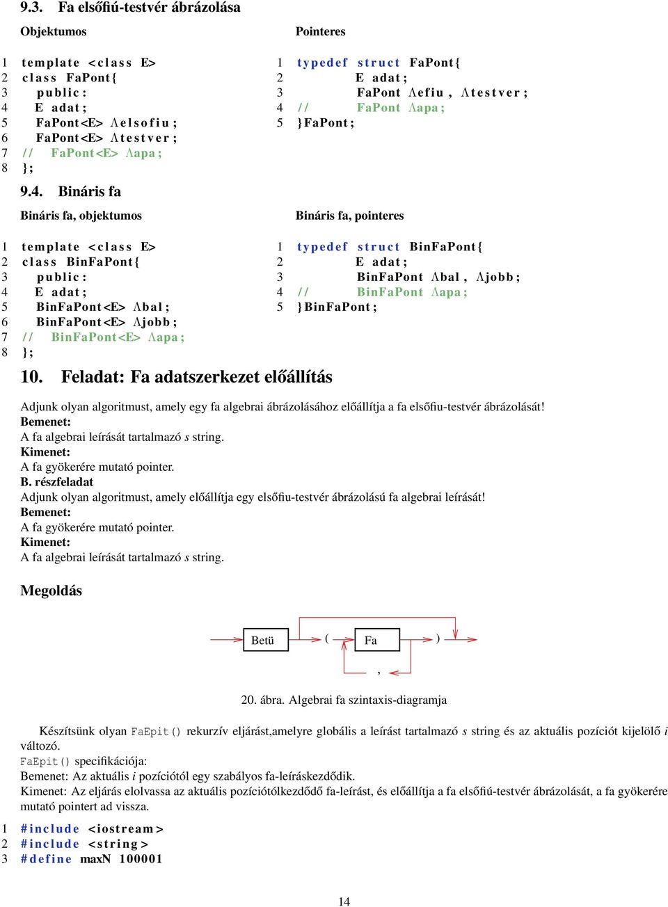 Bináris fa Bináris fa, objektumos Pointeres 1 t y p e d e f s t r u c t FaPont { 2 E adat ; 3 FaPont Λe f i u, Λt e s t v e r ; 4 / / FaPont Λapa ; 5 } FaPont ; Bináris fa, pointeres 1 template < c l