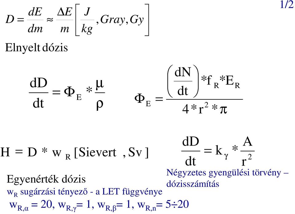 Egyenérték dózis w R sugárzási tényezı - a LET függvénye w R,α = 20, w