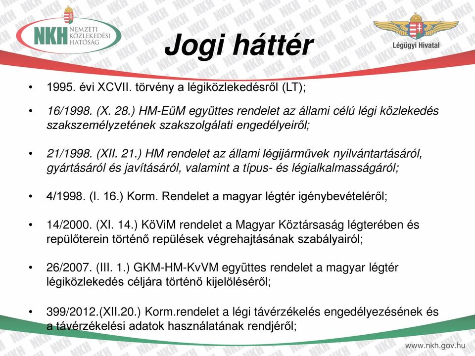 1998. (XII. 21.) HM rendelet az állami légijárművek nyilvántartásáról, gyártásáról és javításáról, valamint a típus- és légialkalmasságáról; 4/1998. (I. 16.) Korm.