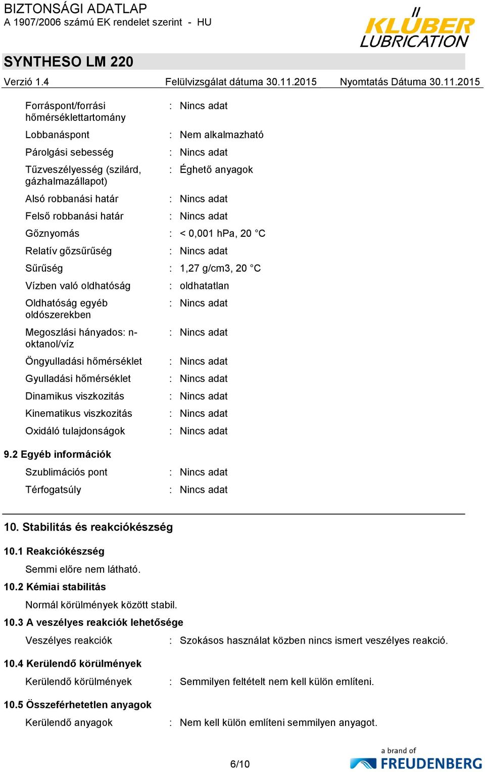 Gyulladási hőmérséklet Dinamikus viszkozitás Kinematikus viszkozitás Oxidáló tulajdonságok : oldhatatlan 9.2 Egyéb információk Szublimációs pont Térfogatsúly 10. Stabilitás és reakciókészség 10.