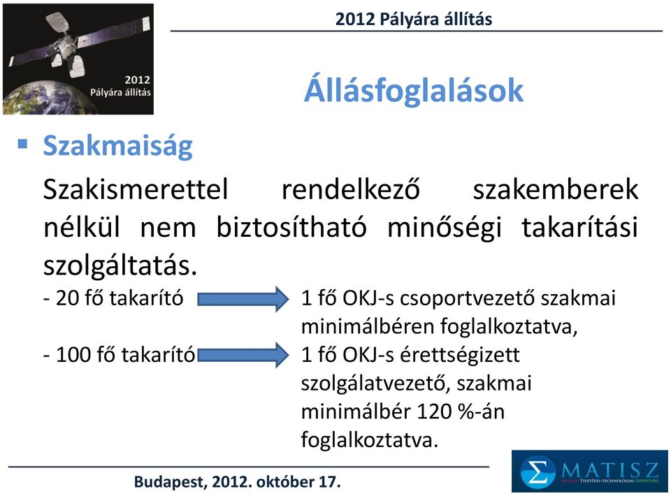 - 20 fő takarító 1 fő OKJ-s csoportvezető szakmai minimálbéren