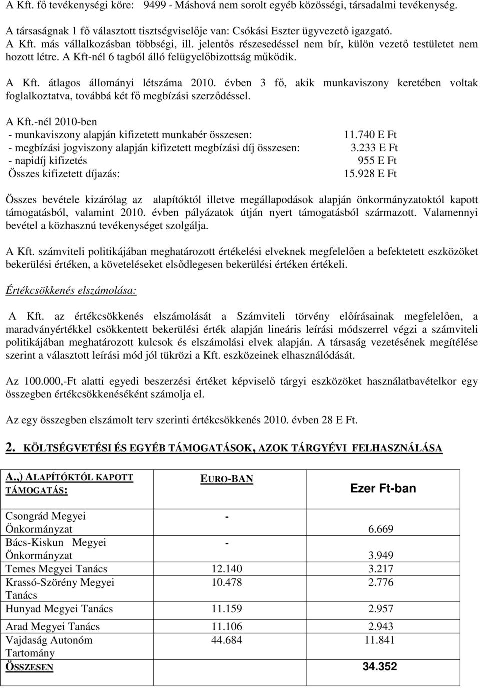 évben 3 fő, akik munkaviszony keretében voltak foglalkoztatva, továbbá két fő megbízási szerződéssel. A Kft.-nél 2010-ben - munkaviszony alapján kifizetett munkabér összesen: 11.