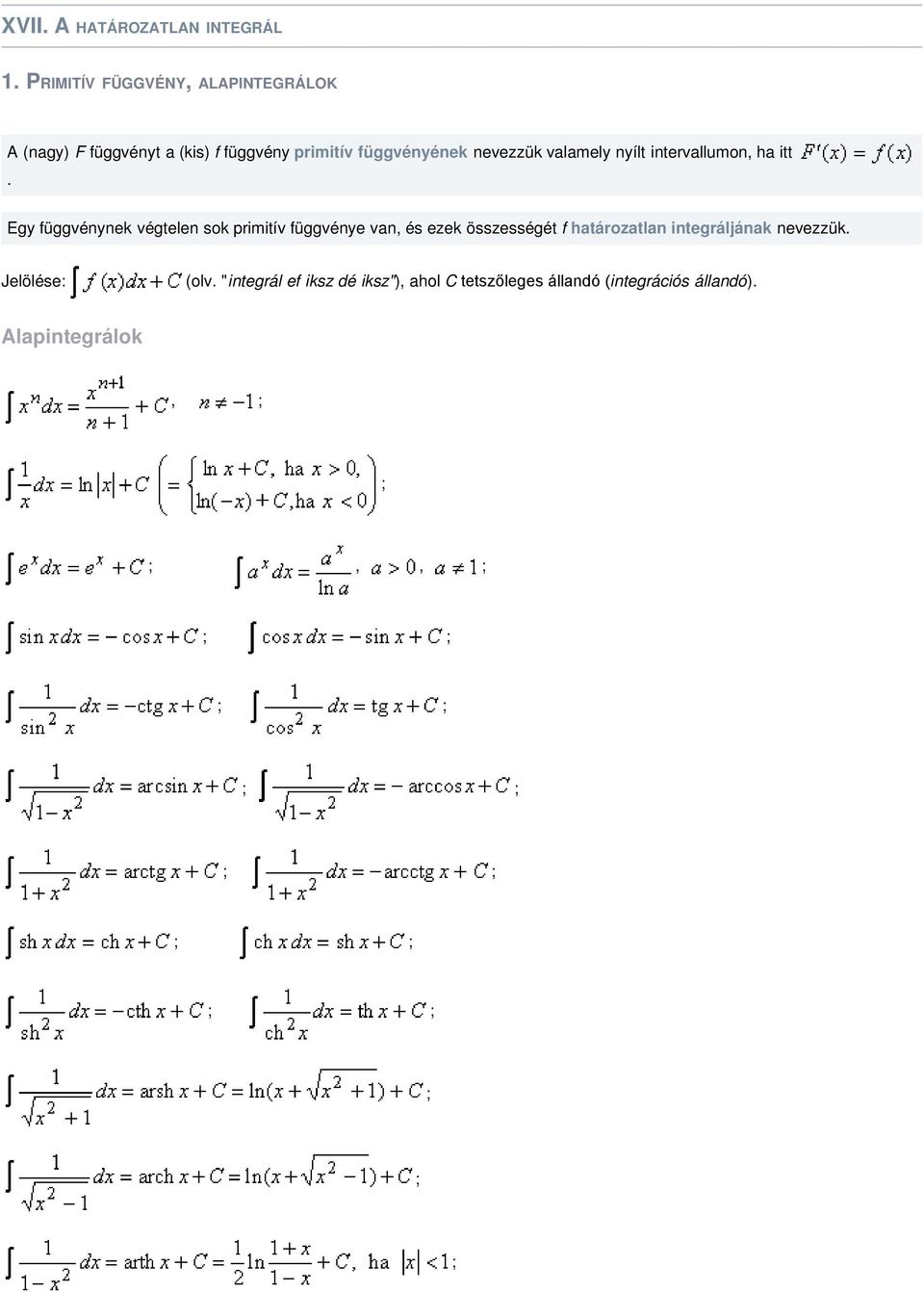 végtelen sok primitív függvénye van, és ezek összességét f határozatlan integráljának nevezzük