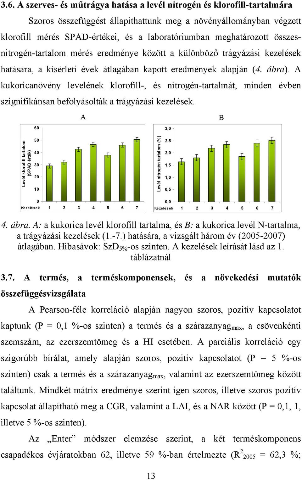 A kukoricanövény levelének klorofill-, és nitrogén-tartalmát, minden évben szignifikánsan befolyásolták a trágyázási kezelések.