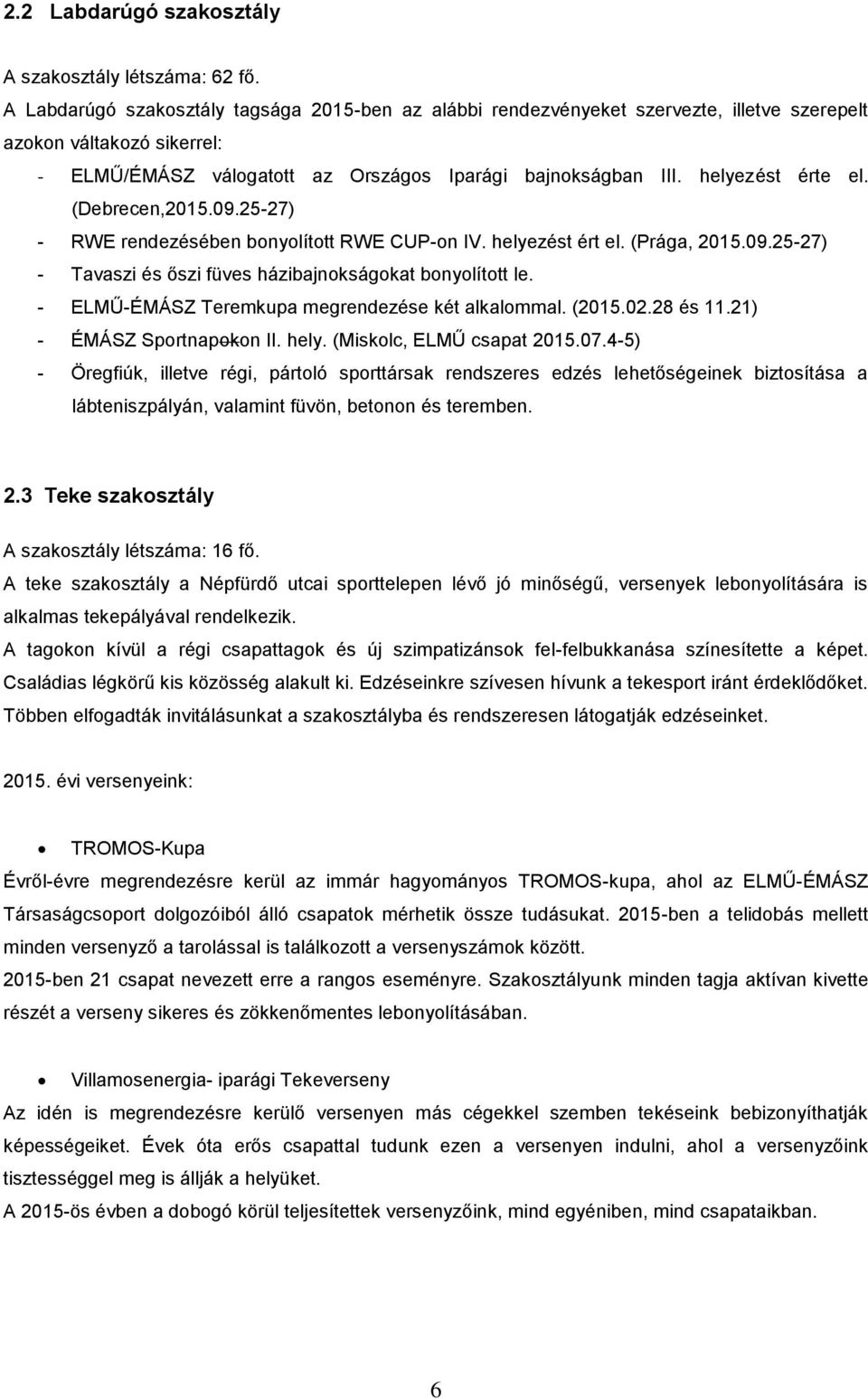 helyezést érte el. (Debrecen,2015.09.25-27) - RWE rendezésében bonyolított RWE CUP-on IV. helyezést ért el. (Prága, 2015.09.25-27) - Tavaszi és őszi füves házibajnokságokat bonyolított le.