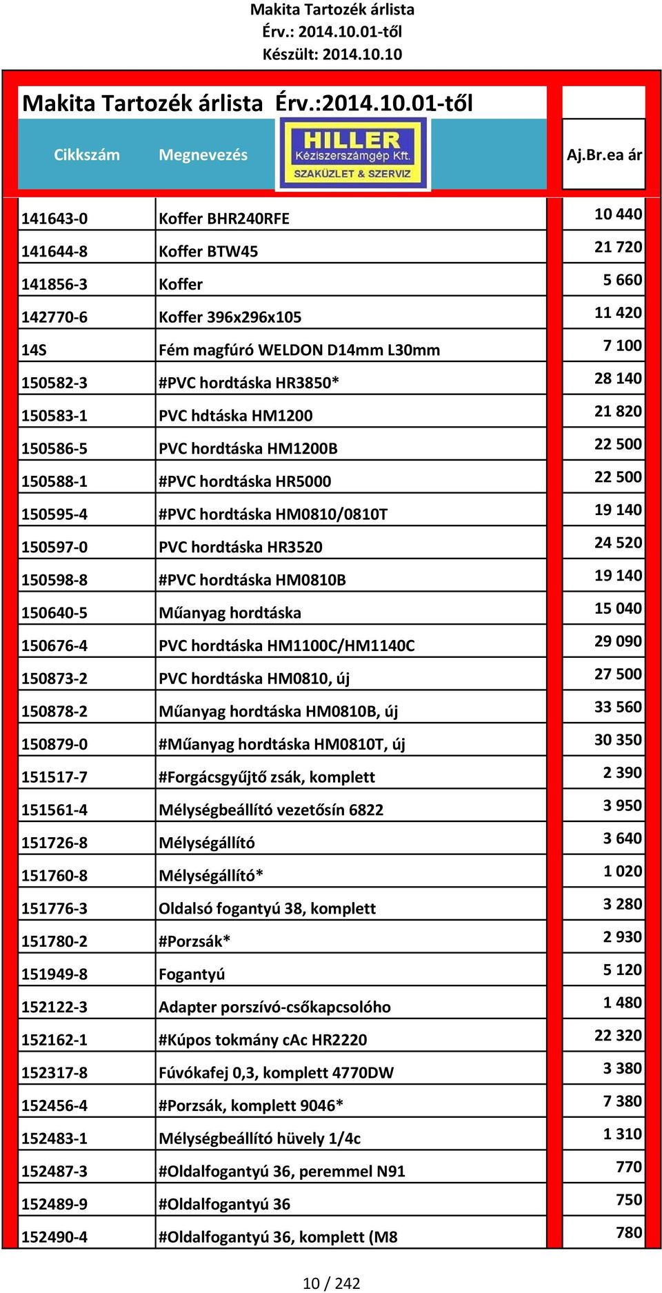 8 #PVC hordtáska HM0810B 19 140 150640 5 Műanyag hordtáska 15 040 150676 4 PVC hordtáska HM1100C/HM1140C 29 090 150873 2 PVC hordtáska HM0810, új 27 500 150878 2 Műanyag hordtáska HM0810B, új 33 560