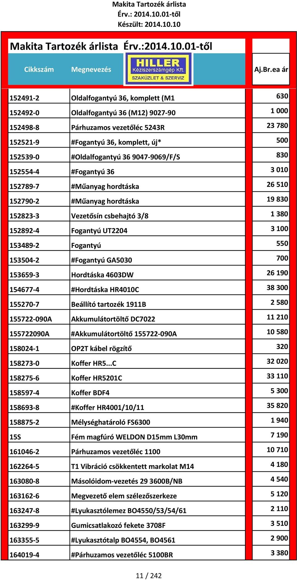 Fogantyú 550 153504 2 #Fogantyú GA5030 700 153659 3 Hordtáska 4603DW 26 190 154677 4 #Hordtáska HR4010C 38 300 155270 7 Beállító tartozék 1911B 2 580 155722 090A Akkumulátortöltő DC7022 11 210