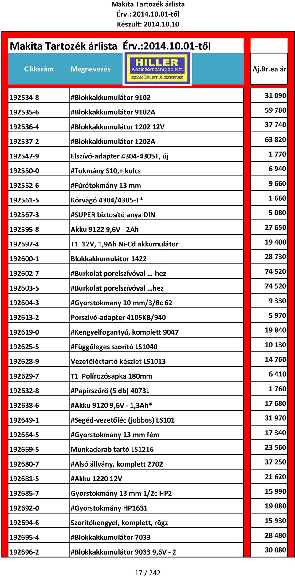 T1 12V, 1,9Ah Ni Cd akkumulátor 19 400 192600 1 Blokkakkumulátor 1422 28 730 192602 7 #Burkolat porelszívóval hez 74 520 192603 5 #Burkolat porelszívóval hez 74 520 192604 3 #Gyorstokmány 10 mm/3/8c