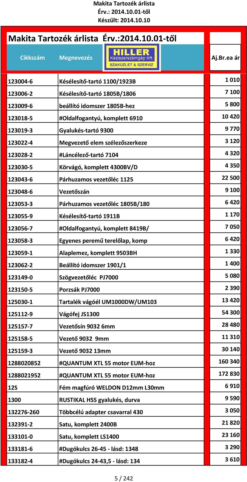 100 123053 3 Párhuzamos vezetőléc 1805B/180 6 420 123055 9 Késélesítő tartó 1911B 1 170 123056 7 #Oldalfogantyú, komplett 8419B/ 7 050 123058 3 Egyenes peremű terelőlap, komp 6 420 123059 1