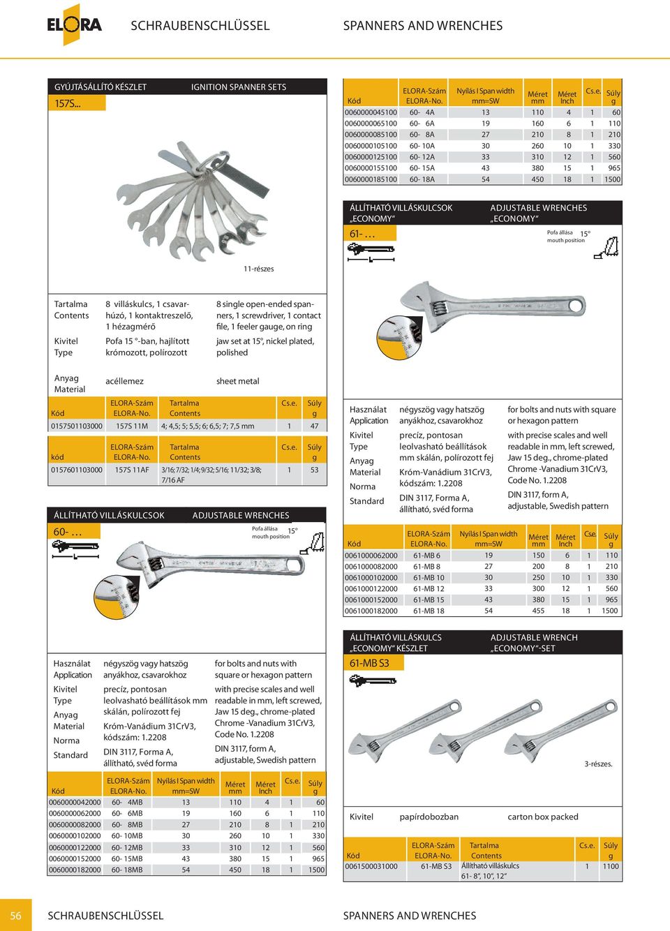 0060000125100 60-12A 33 310 12 1 560 0060000155100 60-15A 43 380 15 1 965 0060000185100 60-18A 54 450 18 1 1500 ÁLLÍTHATÓ VILLÁSKULCSOK ECONOMY 61- ADJUSTABLE WRENCHES ECONOMY Pofa állása 15 mouth