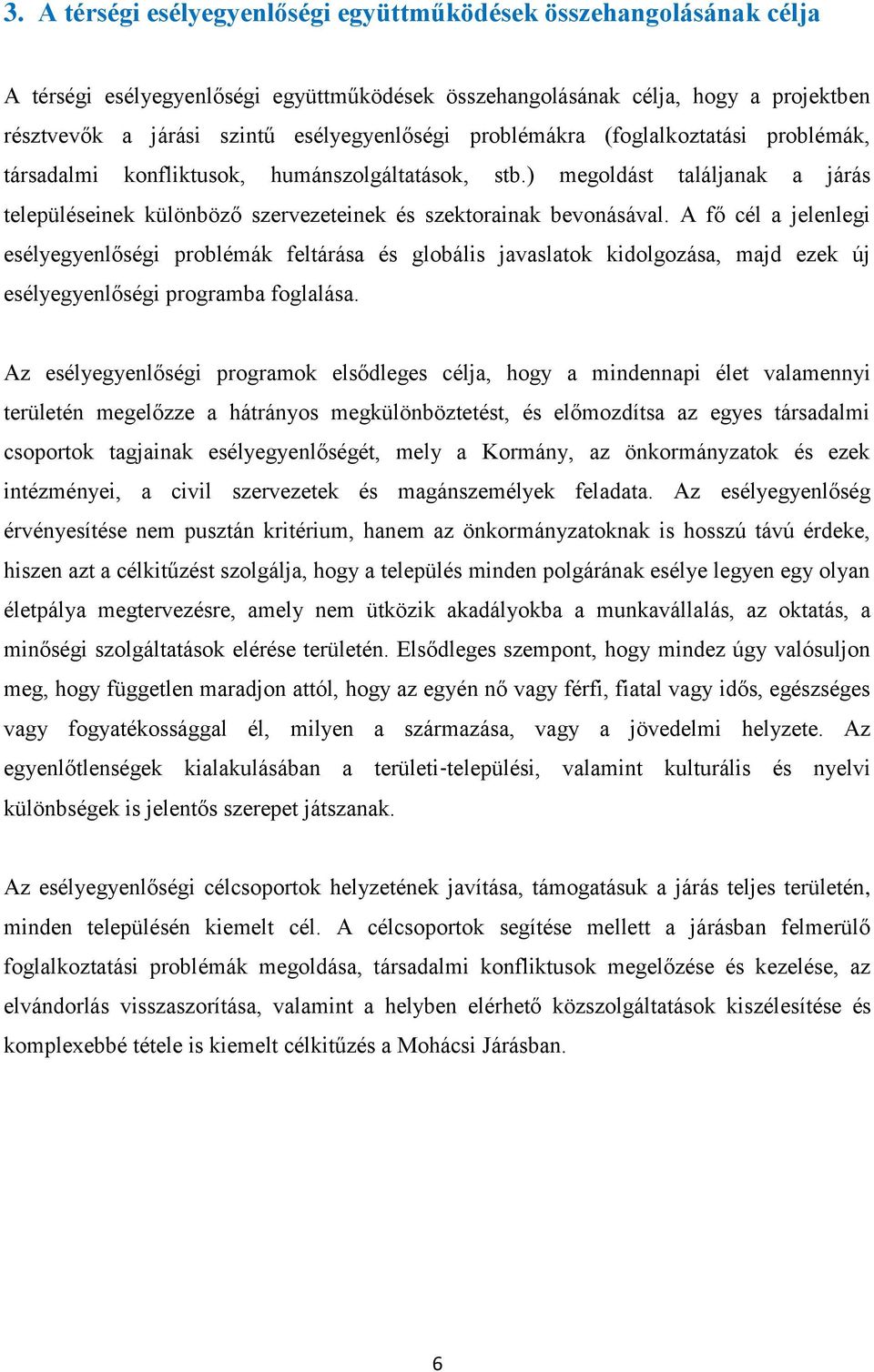 A fő cél a jelenlegi esélyegyenlőségi problémák feltárása és globális javaslatok kidolgozása, majd ezek új esélyegyenlőségi programba foglalása.