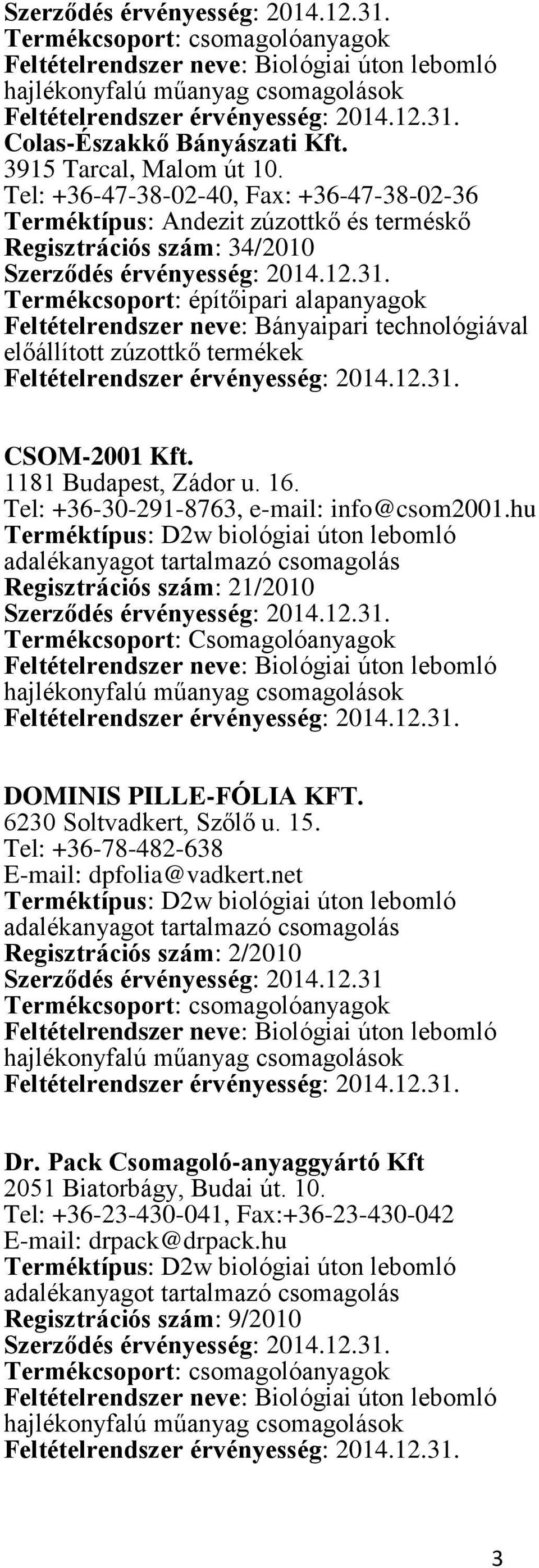 Bányaipari technológiával előállított zúzottkő termékek CSOM-2001 Kft. 1181 Budapest, Zádor u. 16. Tel: +36-30-291-8763, e-mail: info@csom2001.