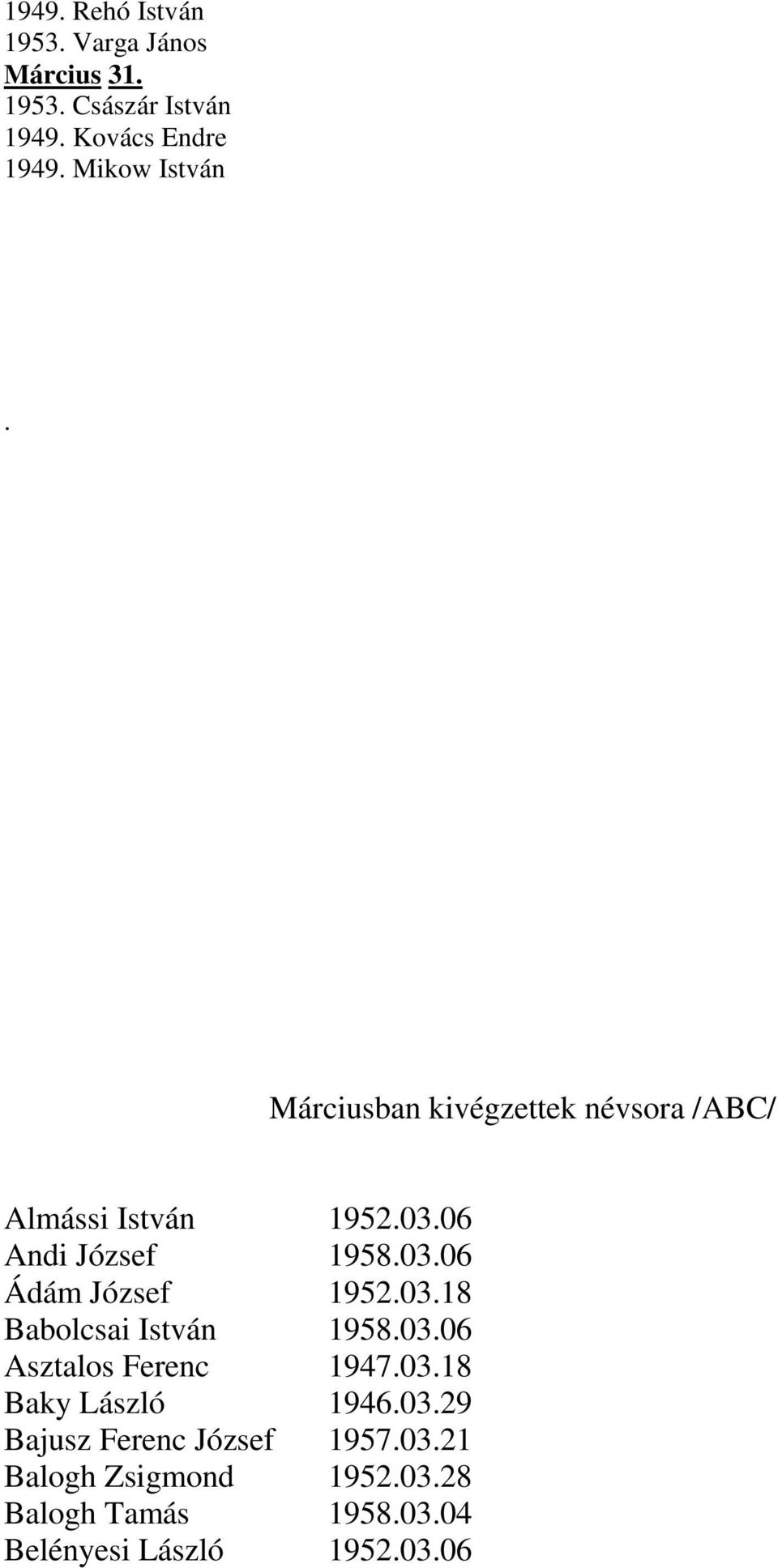 03.18 Babolcsai István 1958.03.06 Asztalos Ferenc 1947.03.18 Baky László 1946.03.29 Bajusz Ferenc József 1957.