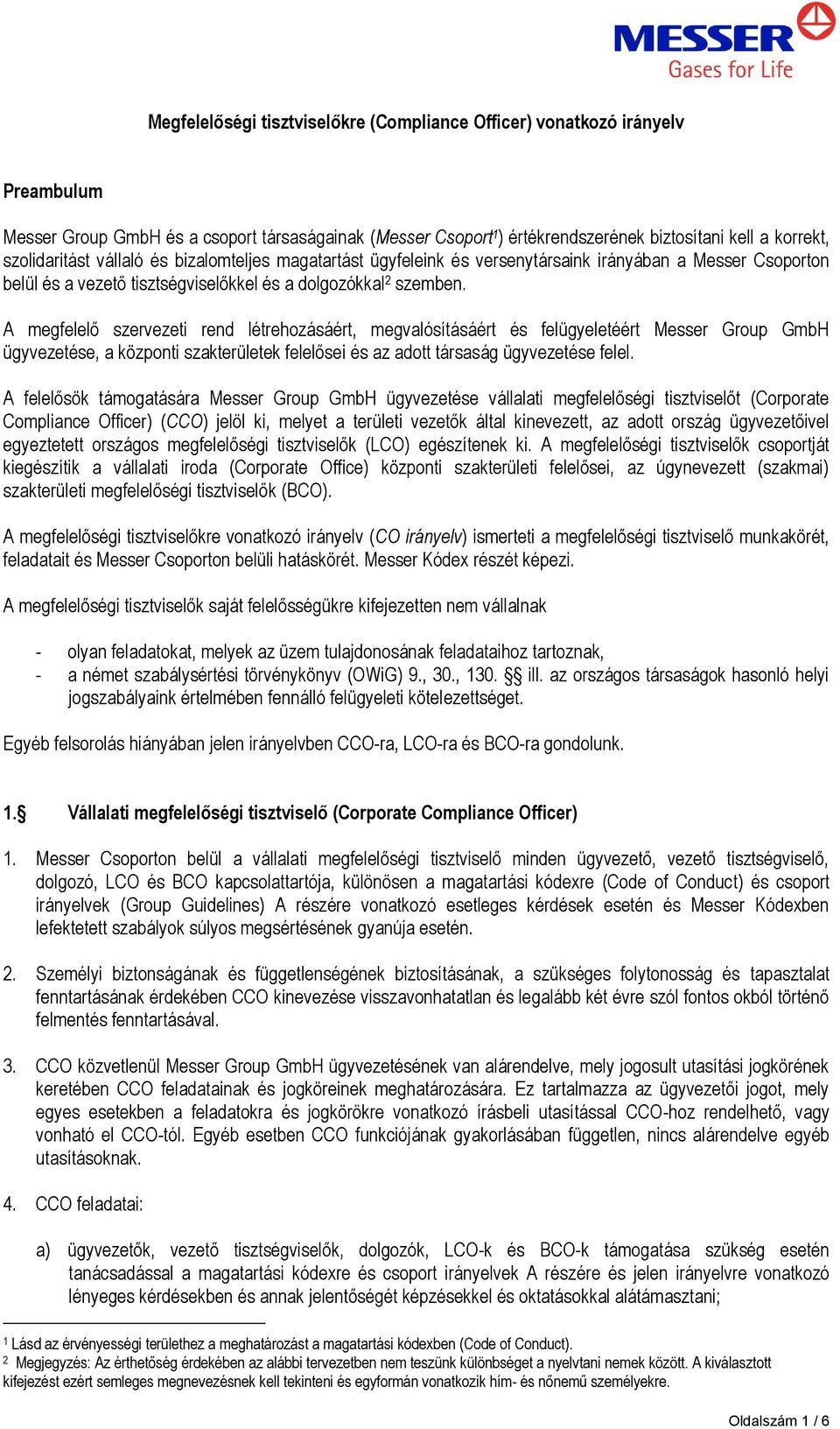 A megfelelő szervezeti rend létrehozásáért, megvalósításáért és felügyeletéért Messer Group GmbH ügyvezetése, a központi szakterületek felelősei és az adott társaság ügyvezetése felel.