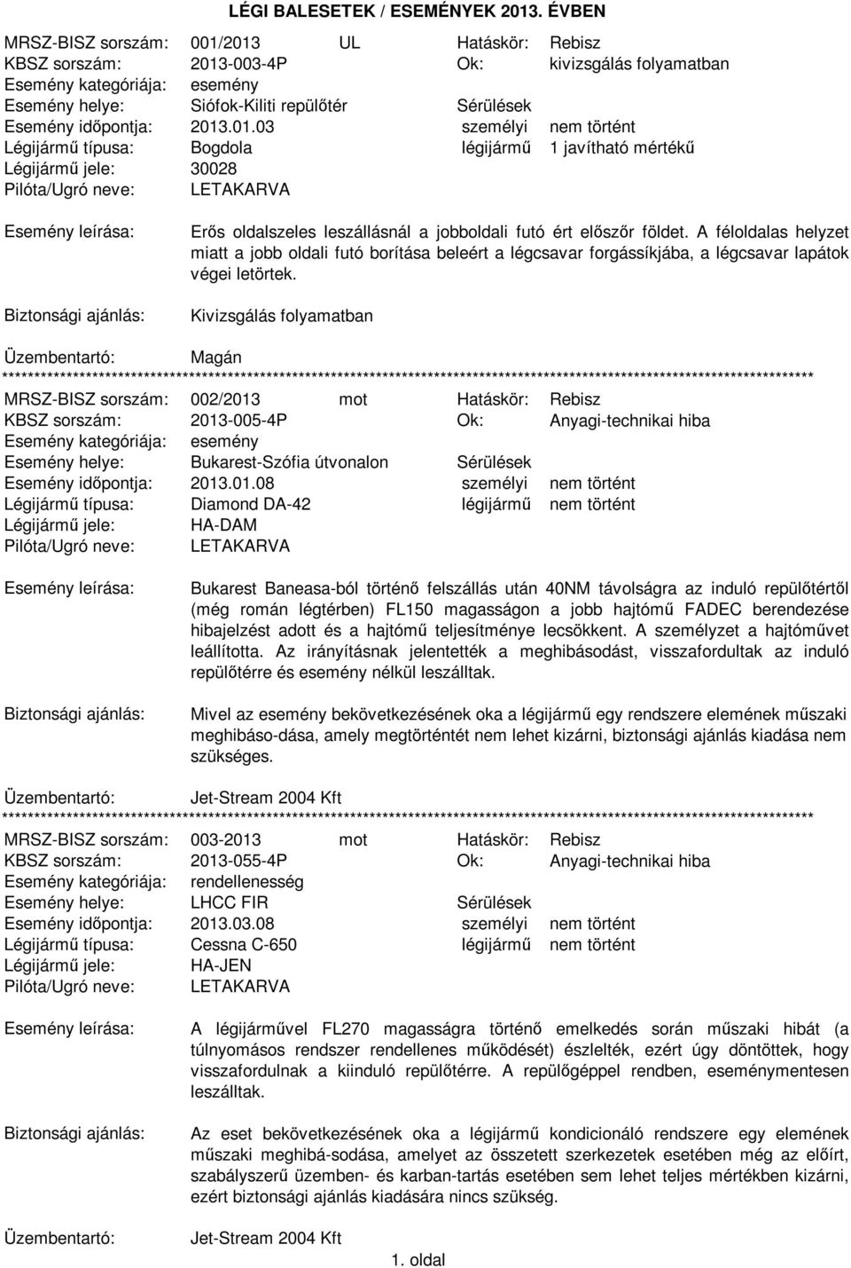 Kivizsgálás folyamatban Üzembentartó: Magán MRSZ-BISZ sorszám: 002/2013 mot Hatáskör: Rebisz KBSZ sorszám: 2013-005-4P Ok: Anyagi-technikai hiba Esemény helye: Bukarest-Szófia útvonalon Sérülések