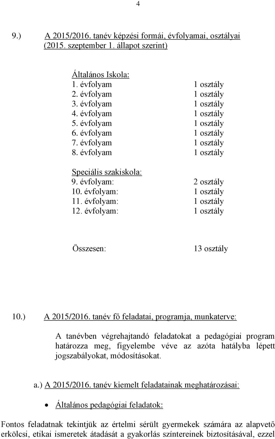 évfolyam: 1 osztály 12. évfolyam: 1 osztály Összesen: 13 osztály 10.) A 2015/2016.