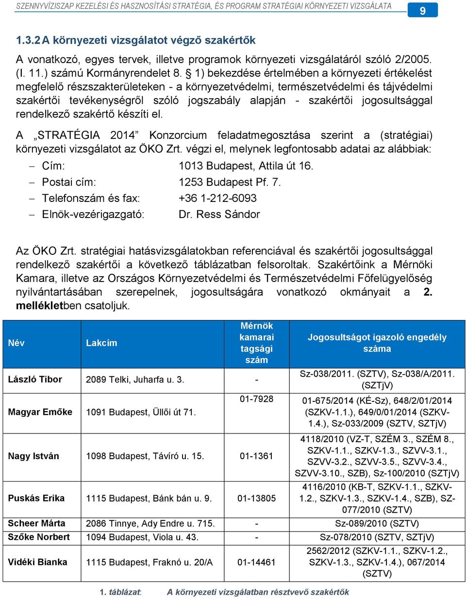 jogosultsággal rendelkező szakértő készíti el. A STRATÉGIA 2014 Konzorcium feladatmegosztása szerint a (stratégiai) környezeti vizsgálatot az ÖKO Zrt.