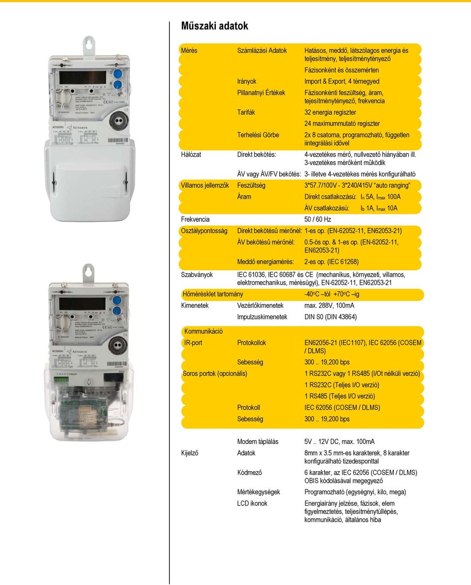 Hálózat Direkt bekötés: 4-vezetékes mérő, nullvezető hiányában ill. 3-vezetékes mérőként mûködik ÁV vagy ÁV/FV bekötés: 3- illetve 4-vezetékes mérés konfigurálható Villamos jellemzők Feszültség 3*57.