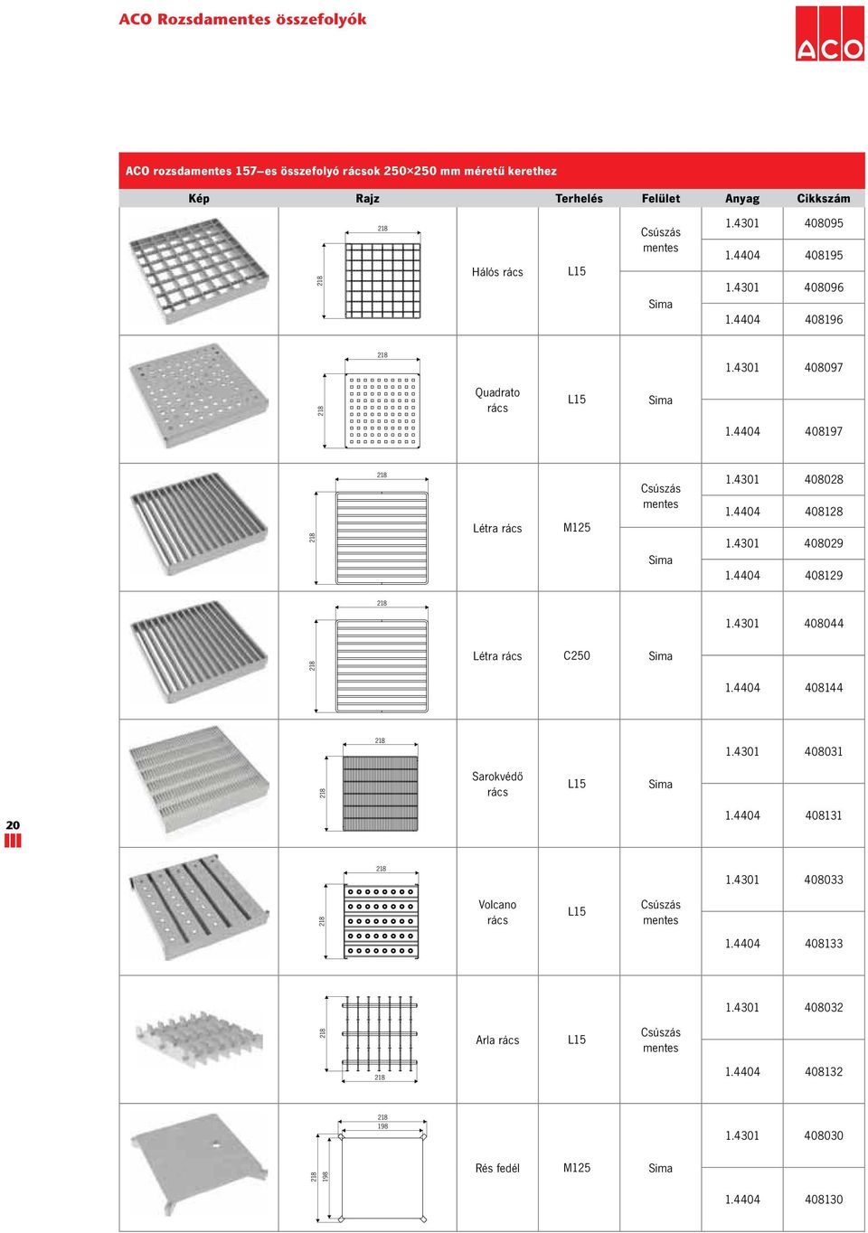 4404 408128 1.4301 408029 1.4404 408129 218 1.4301 408044 218 Létra rács C250 Sima 1.4404 408144 218 1.4301 408031 218 Sarokvédő rács L15 Sima 20 1.4404 408131 218 1.