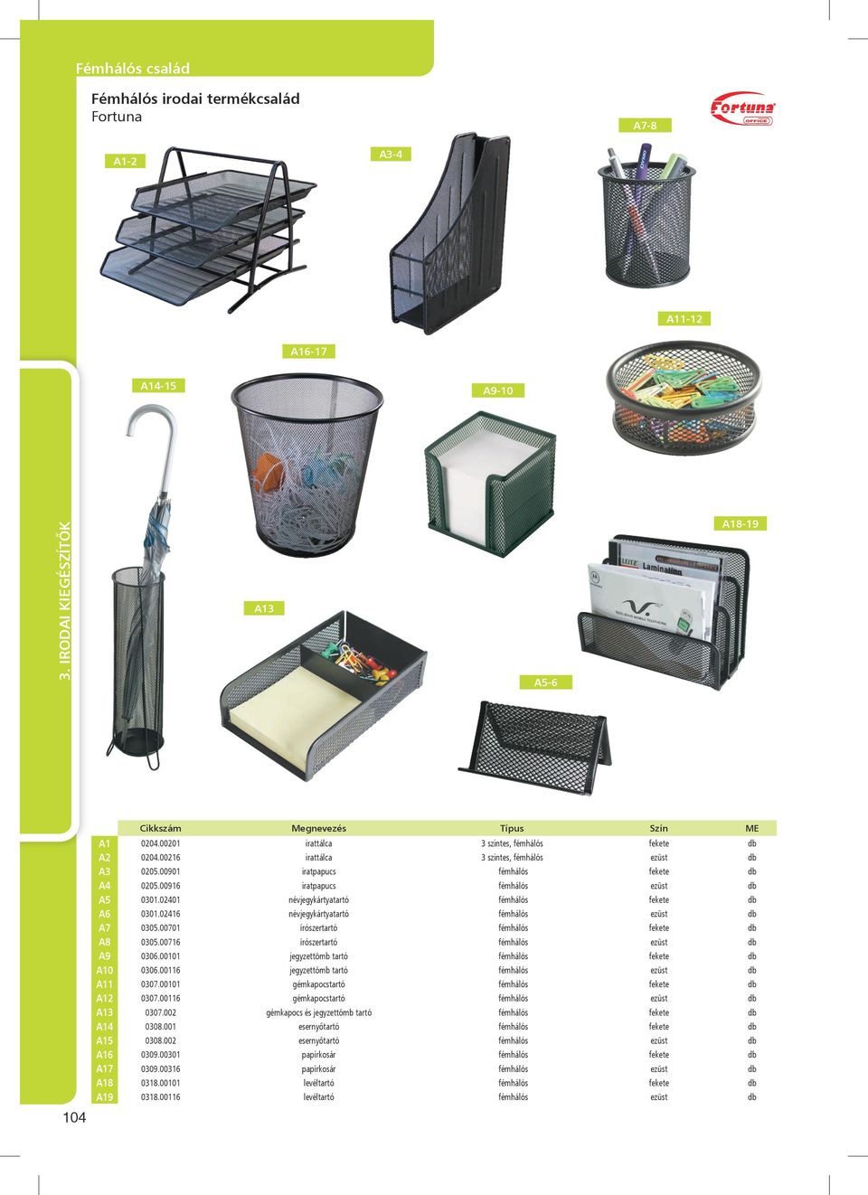02416 névjegykártyatartó fémhálós ezüst A7 0305.00701 írószertartó fémhálós fekete A8 0305.00716 írószertartó fémhálós ezüst A9 0306.00101 jegyzettömb tartó fémhálós fekete A10 0306.