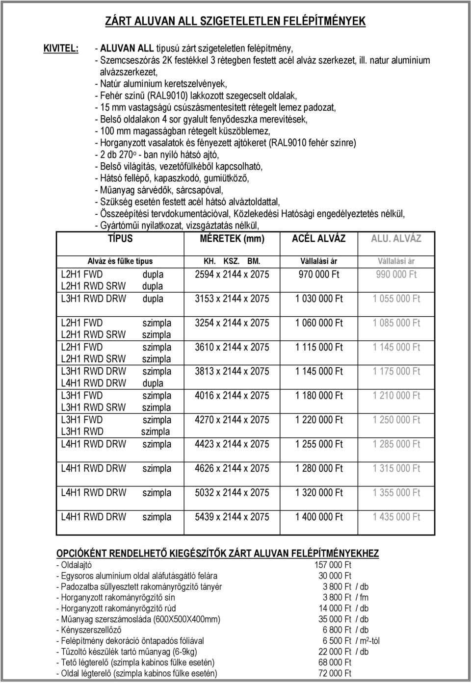 oldalakon 4 sor gyalult fenyődeszka merevítések, - 100 mm magasságban rétegelt küszöblemez, - Horganyzott vasalatok és fényezett ajtókeret (RAL9010 fehér színre) - 2 db 270 o - ban nyíló hátsó ajtó,