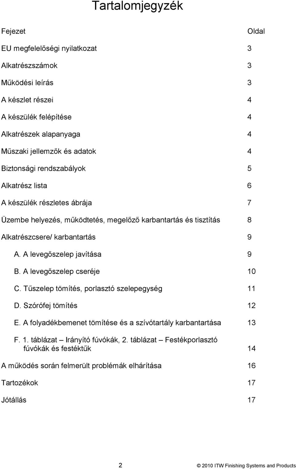 A levegőszelep javítása 9 B. A levegőszelep cseréje 10 C. Tűszelep tömítés, porlasztó szelepegység 11 D. Szórófej tömítés 12 E.