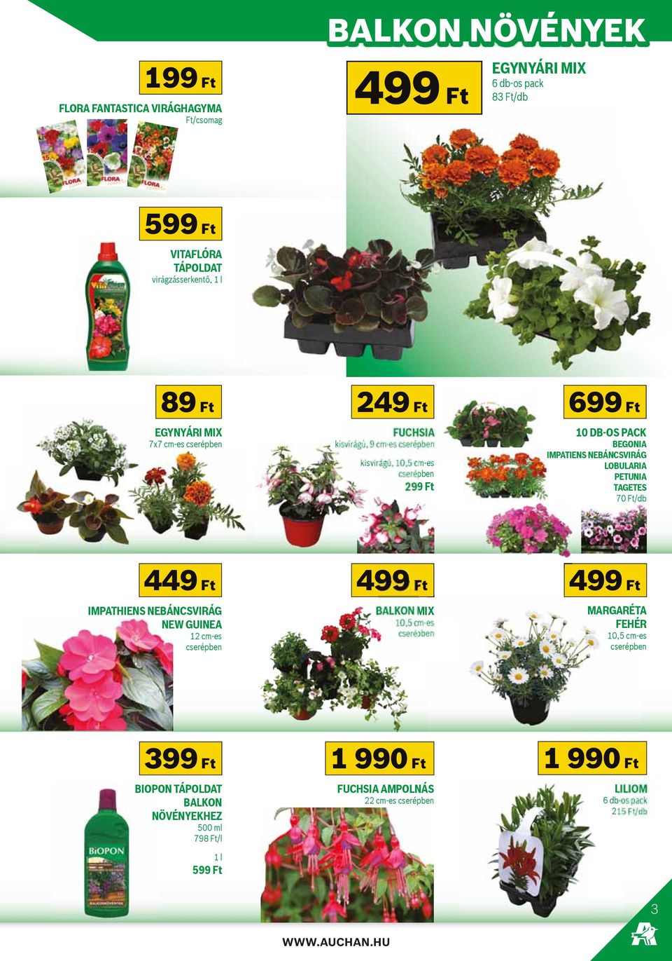 MIX X 10,5 cm-es es BIOPON TÁPOLDAT BALKON NÖVÉNYEKHEZ 10 DB-OS PACK BEGONIA IIMPATIENS NEBÁNCSVIRÁG LOBULARIA PETUNIA TAGETES 70 Ft/db MARGARÉTA FEHÉR 10,5