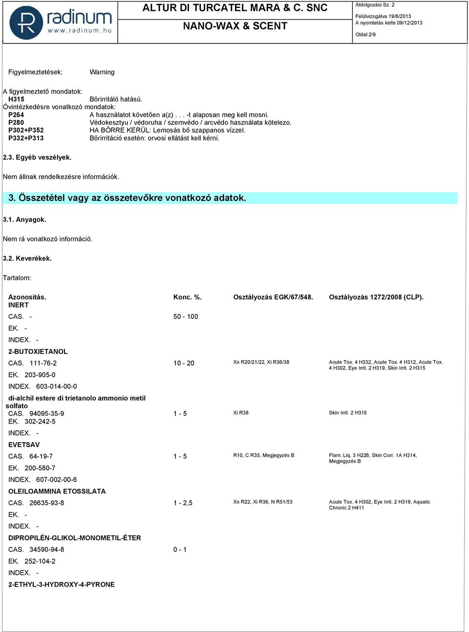 3. Összetétel vagy az összetevőkre vonatkozó adatok. 3.1. Anyagok. Nem rá vonatkozó információ. 3.2. Keverékek. Tartalom: Azonosítás. INERT Konc. %. Osztályozás EGK/67/548.