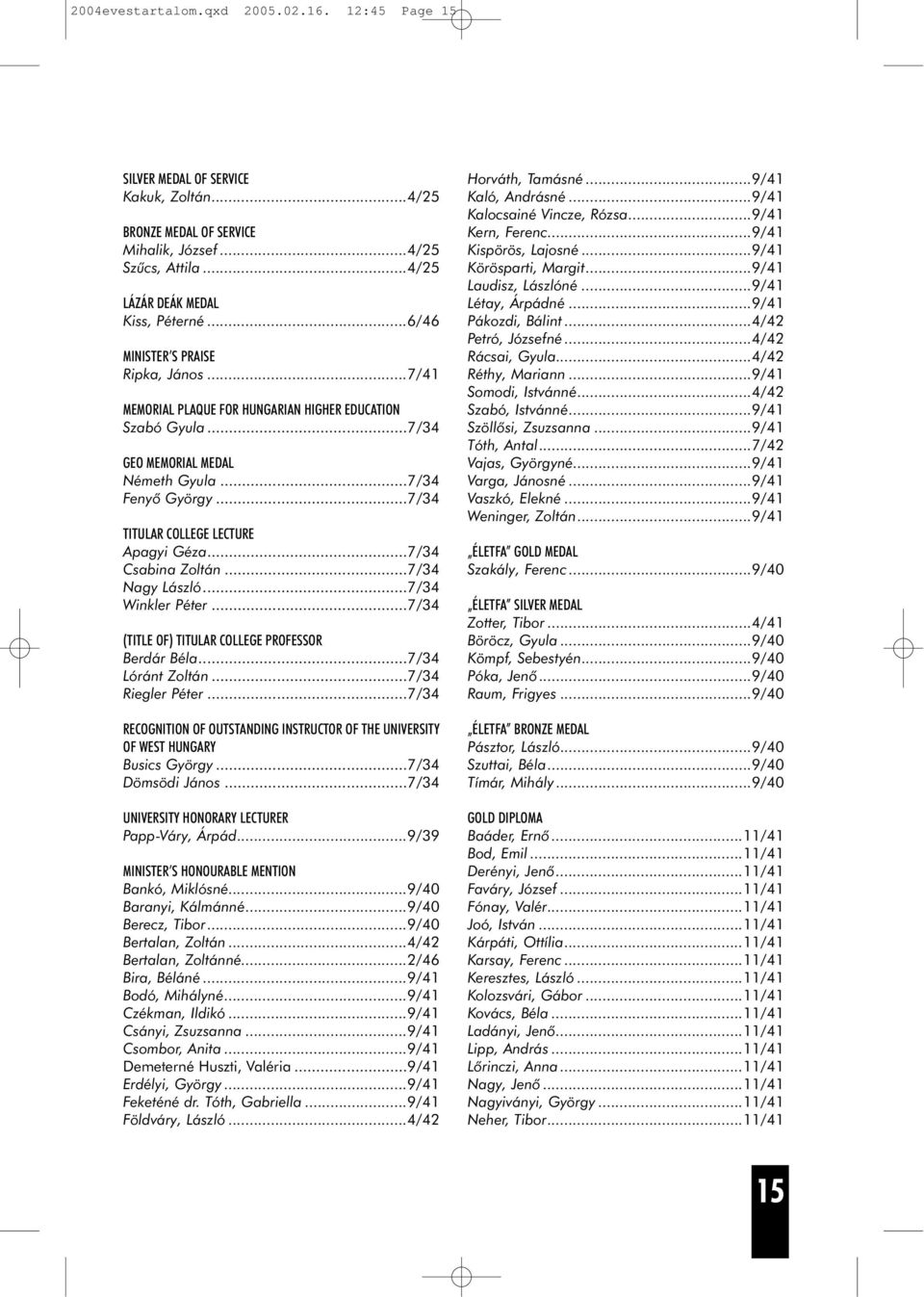 ..7/34 TITULAR COLLEGE LECTURE Apagyi Géza...7/34 Csabina Zoltán...7/34 Nagy László...7/34 Winkler Péter...7/34 (TITLE OF) TITULAR COLLEGE PROFESSOR Berdár Béla...7/34 Lóránt Zoltán.