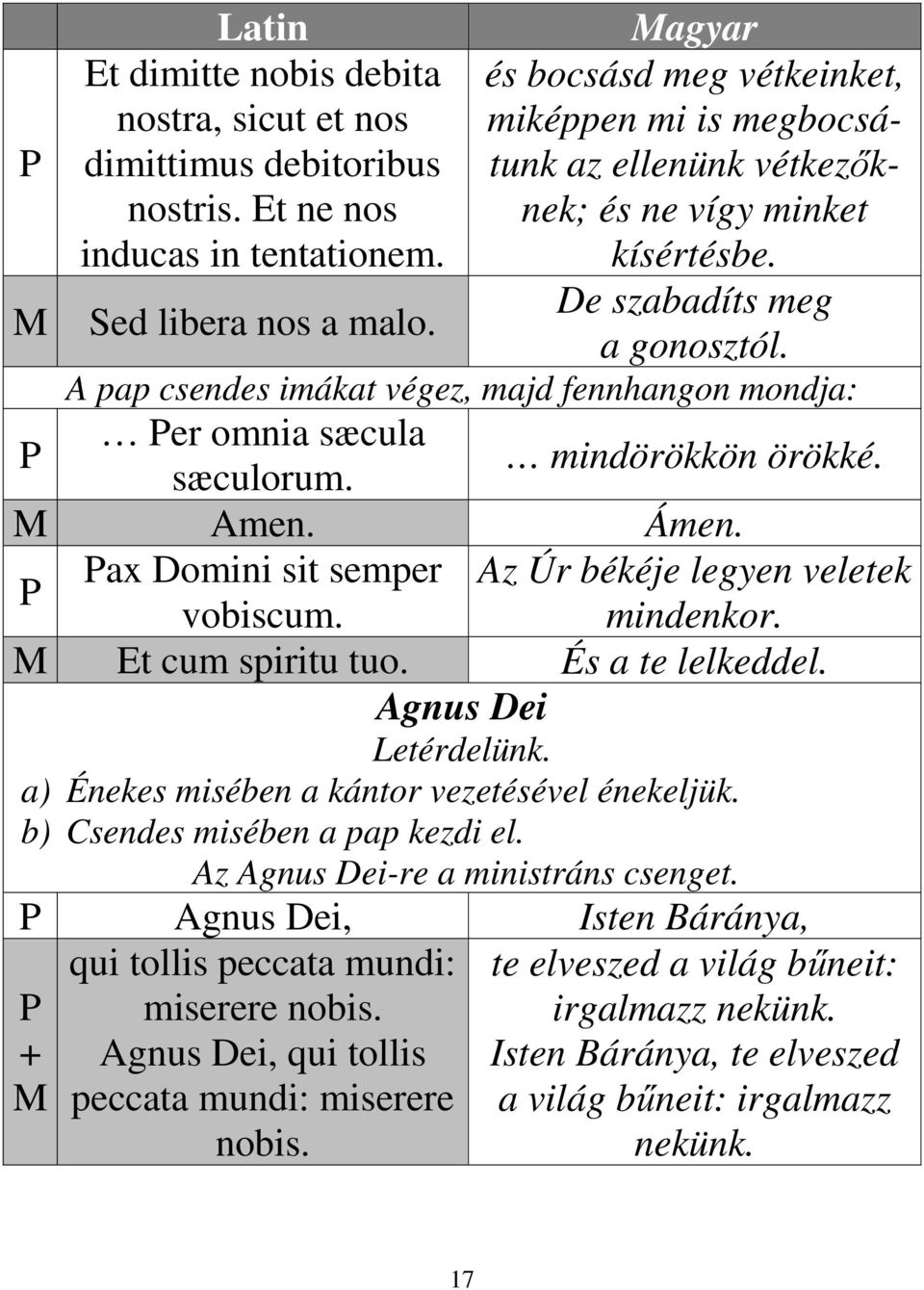 A pap csendes imákat végez, majd fennhangon mondja: er omnia sæcula sæculorum. mindörökkön örökké. Amen. Ámen. ax Domini sit semper Az Úr békéje legyen veletek vobiscum. mindenkor. Et cum spiritu tuo.