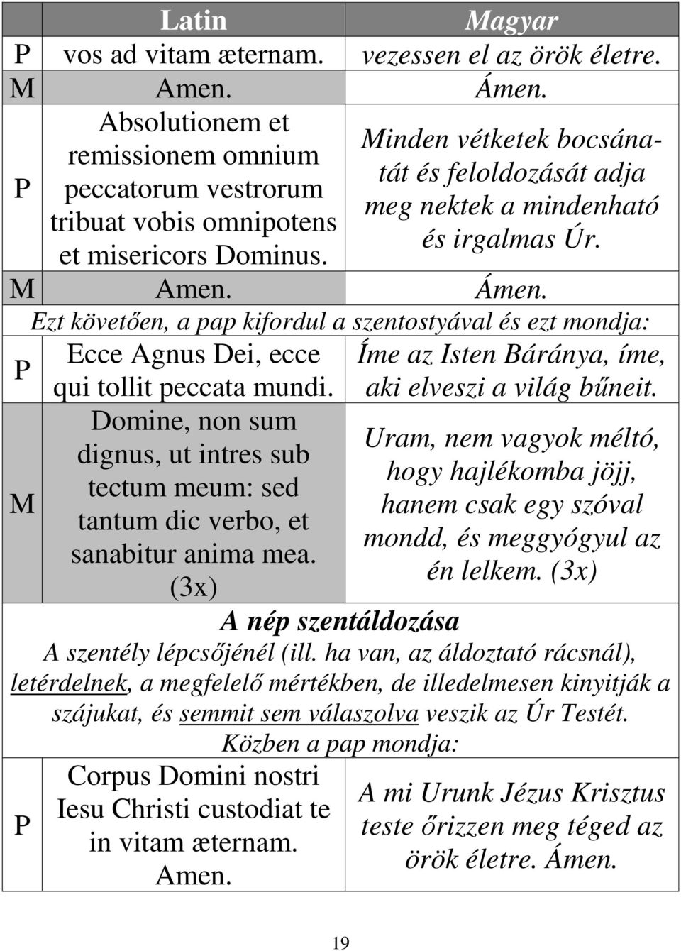 Ámen. Ezt követıen, a pap kifordul a szentostyával és ezt mondja: Ecce Agnus Dei, ecce Íme az Isten Báránya, íme, qui tollit peccata mundi. aki elveszi a világ bőneit.