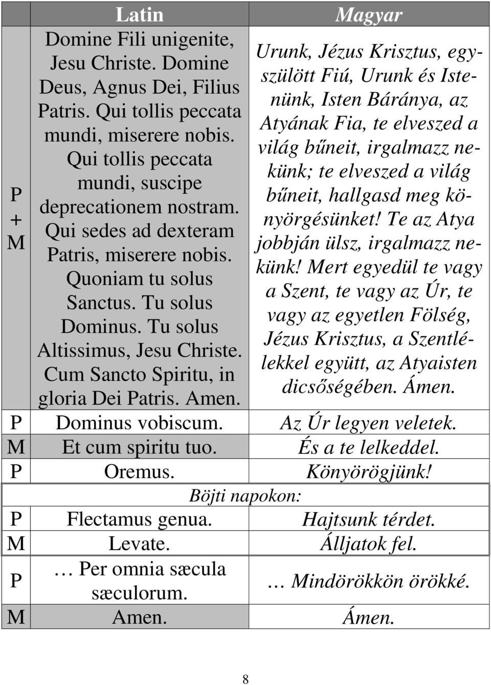 Te az Atya deprecationem nostram. + Qui sedes ad dexteram jobbján ülsz, irgalmazz nekünk! ert egyedül te vagy atris, miserere nobis. Quoniam tu solus a Szent, te vagy az Úr, te Sanctus.